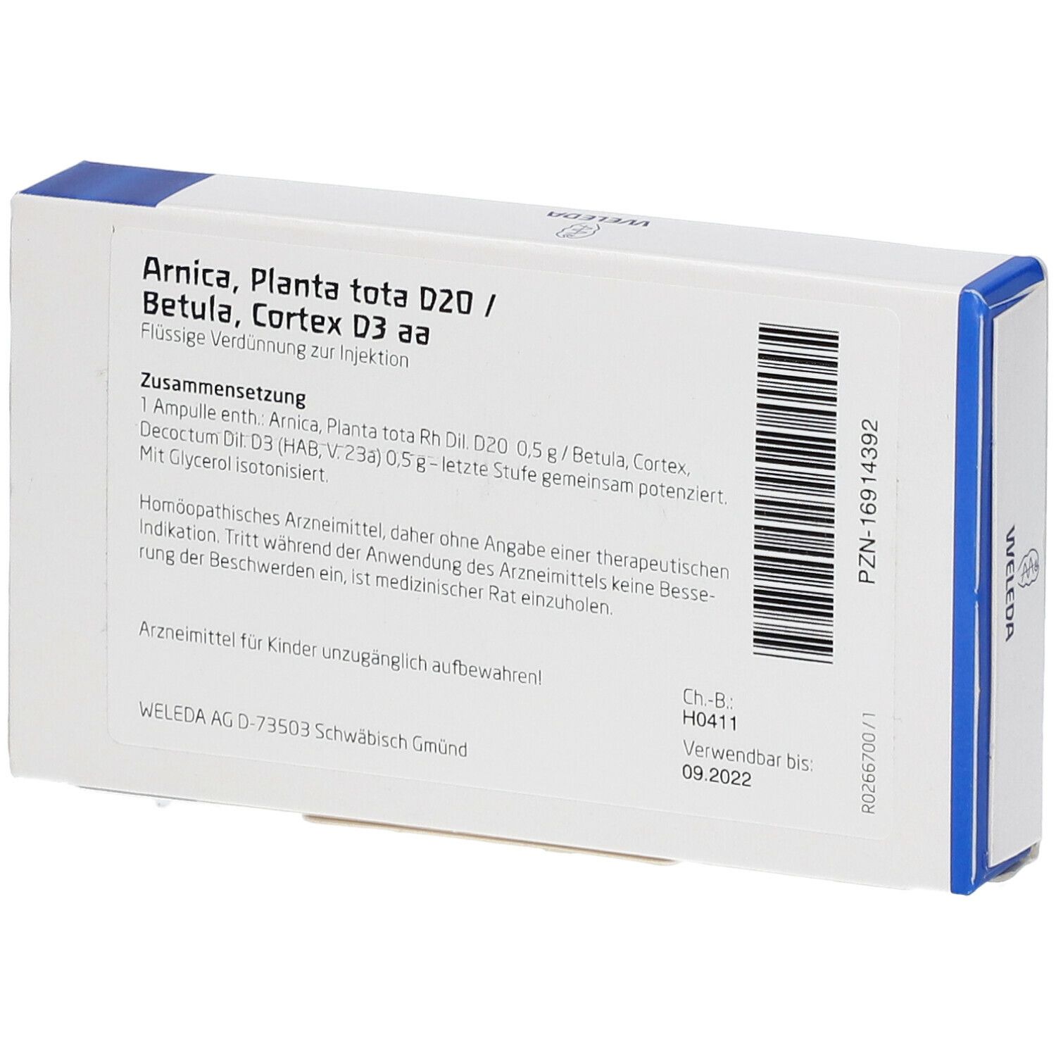 Rückseite der Produktverpackung. Enthält Informationen zu Inhaltsstoffen und Anwendung. Marke WELEDA.