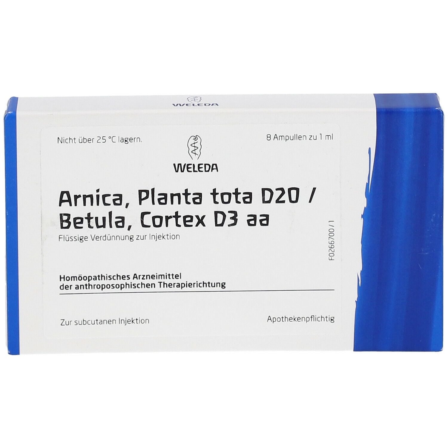 Produktverpackung mit Produktnamen Arnica, Planta tota D20 / Betula, Cortex D3 aa. 8 Ampullen, 1 ml. Marke WELEDA.