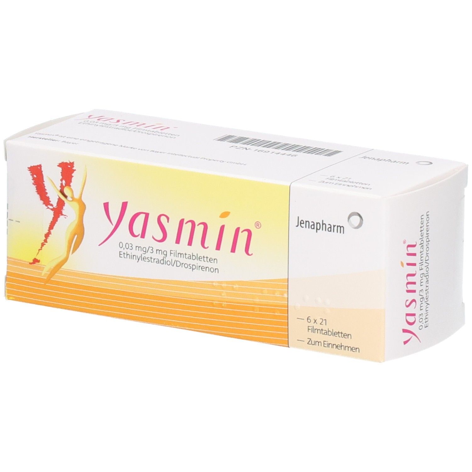 Verpackung von Yasmin Filmtabletten. Aufschrift: Yasmin, 0,03 mg/3 mg, Ethinylestradiol/Drospirenon. Jenapharm Logo. 6x21 Filmtabletten.