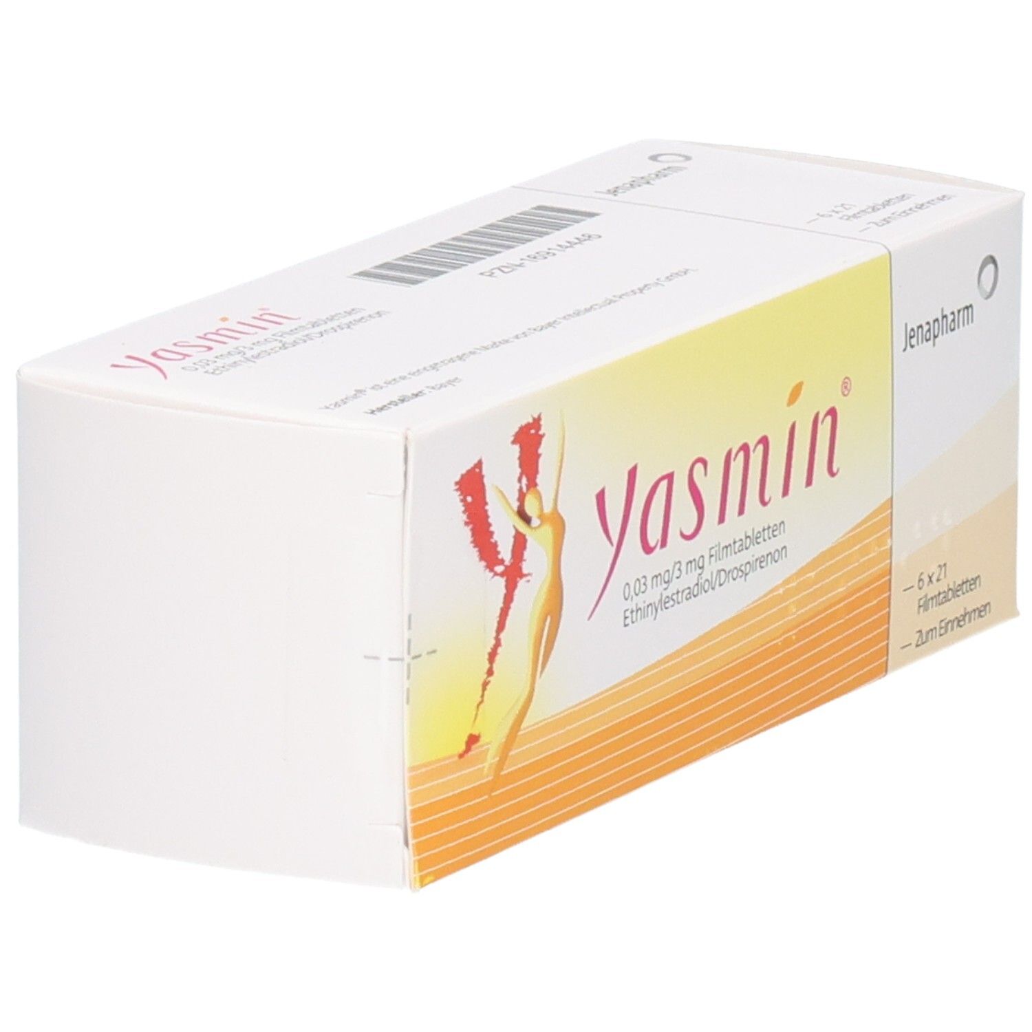 Verpackung von Yasmin Filmtabletten. Aufschrift: Yasmin, 0,03 mg/3 mg, Ethinylestradiol/Drospirenon. Jenapharm Logo. 6x21 Filmtabletten.