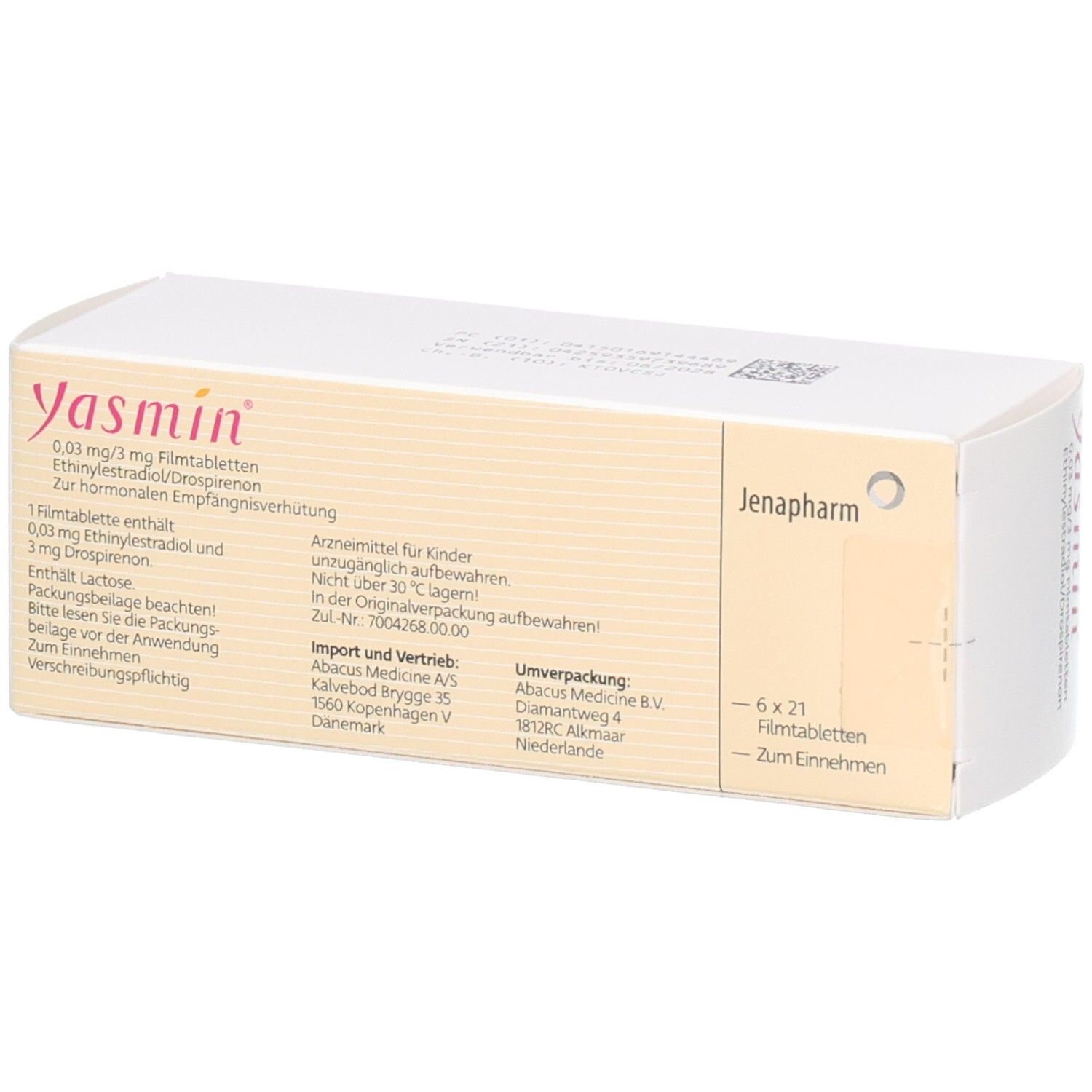 Rückseite der Yasmin Filmtabletten-Verpackung. Aufschrift: Yasmin, 0,03 mg/3 mg, Ethinylestradiol/Drospirenon. Jenapharm Logo. Import- und Vertriebsinformationen.