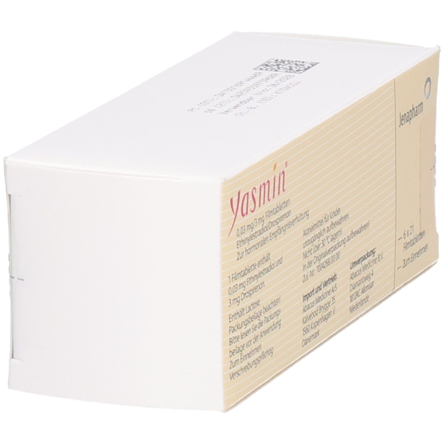 Seitenansicht der Yasmin Filmtabletten-Verpackung. Aufschrift: Yasmin, 0,03 mg/3 mg, Ethinylestradiol/Drospirenon. Jenapharm Logo. Text und Barcode.