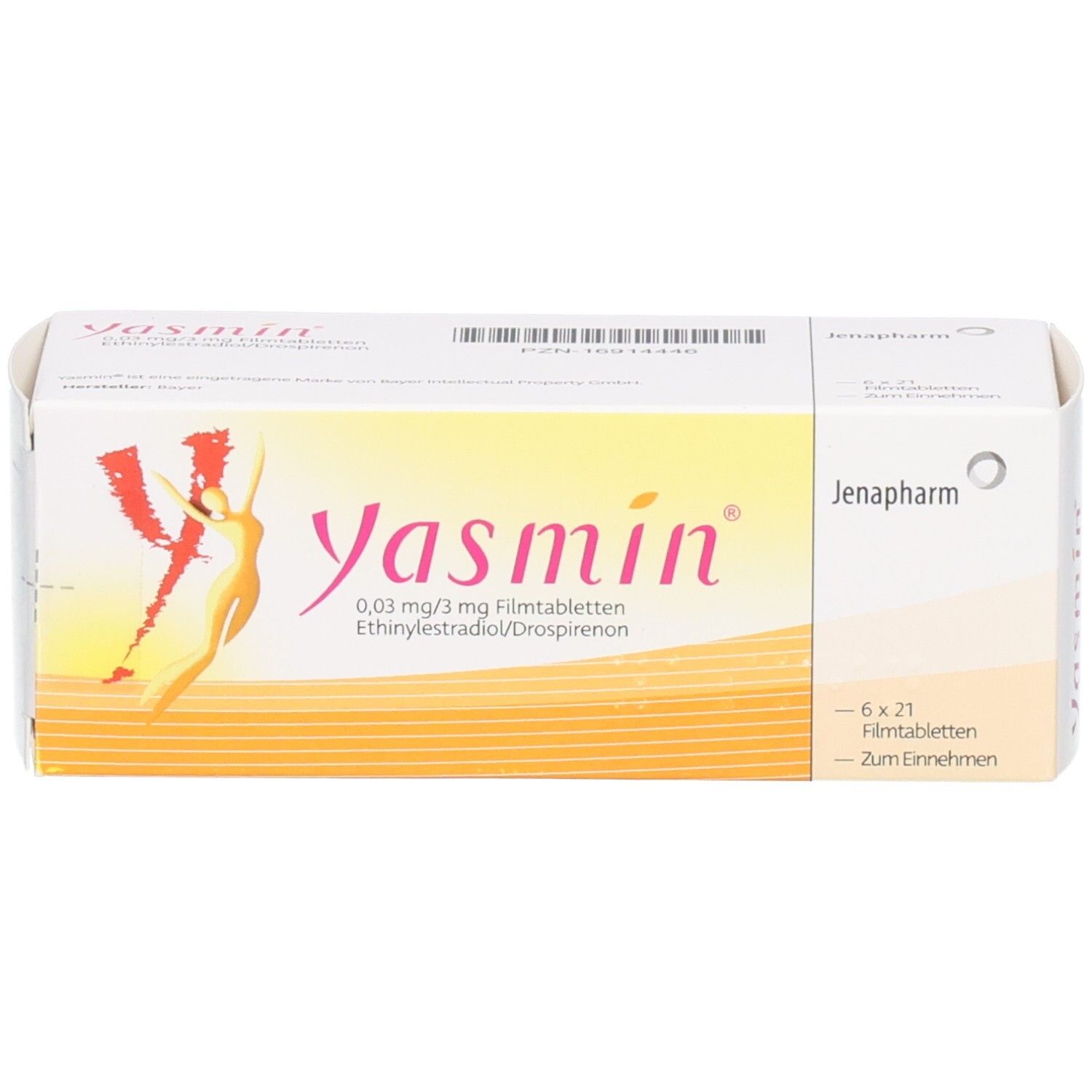 Verpackung von Yasmin Filmtabletten. Aufschrift: Yasmin, 0,03 mg/3 mg, Ethinylestradiol/Drospirenon. Jenapharm Logo. 6x21 Filmtabletten.