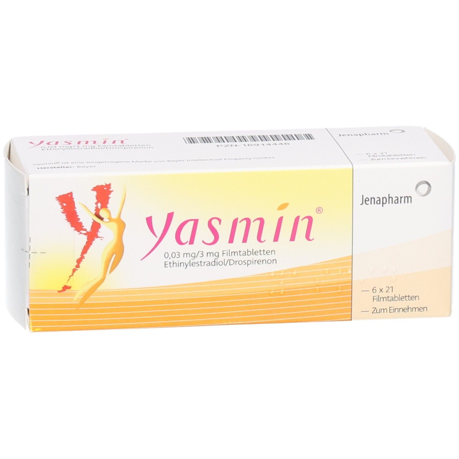 Verpackung von Yasmin Filmtabletten. Aufschrift: Yasmin, 0,03 mg/3 mg, Ethinylestradiol/Drospirenon. Jenapharm Logo. 6x21 Filmtabletten.
