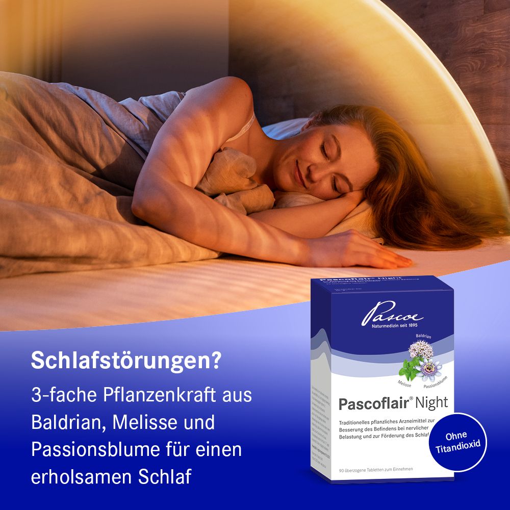 Pascoflair® Night 3-fache Pflanzenkraft aus Baldrian, Melisse und Passionsblume für einen erholsamen Schlaf