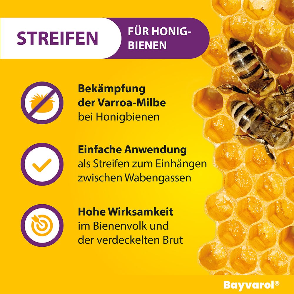 Grafik mit Text: Bekämpfung der Varroa-Milbe, einfache Anwendung, hohe Wirksamkeit. Bienenwabe und Bienen.