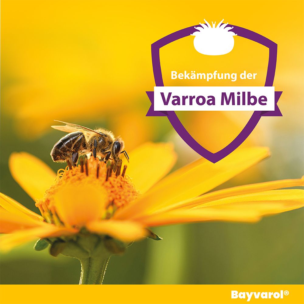 Biene auf Blüte. Schild mit Text: Bekämpfung der Varroa Milbe. Gelber Hintergrund.