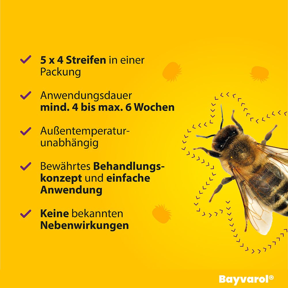 Grafik mit Text: 5 x 4 Streifen, Anwendungsdauer, temperaturunabhängig, bewährtes Konzept, keine Nebenwirkungen. Biene.
