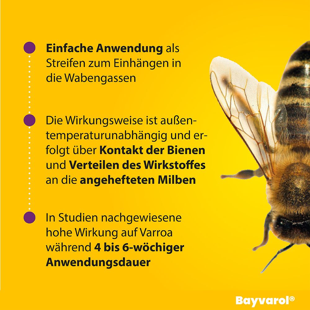 Grafik mit Text: Einfache Anwendung, temperaturunabhängig, Wirkung durch Kontakt, hohe Wirkung. Biene.