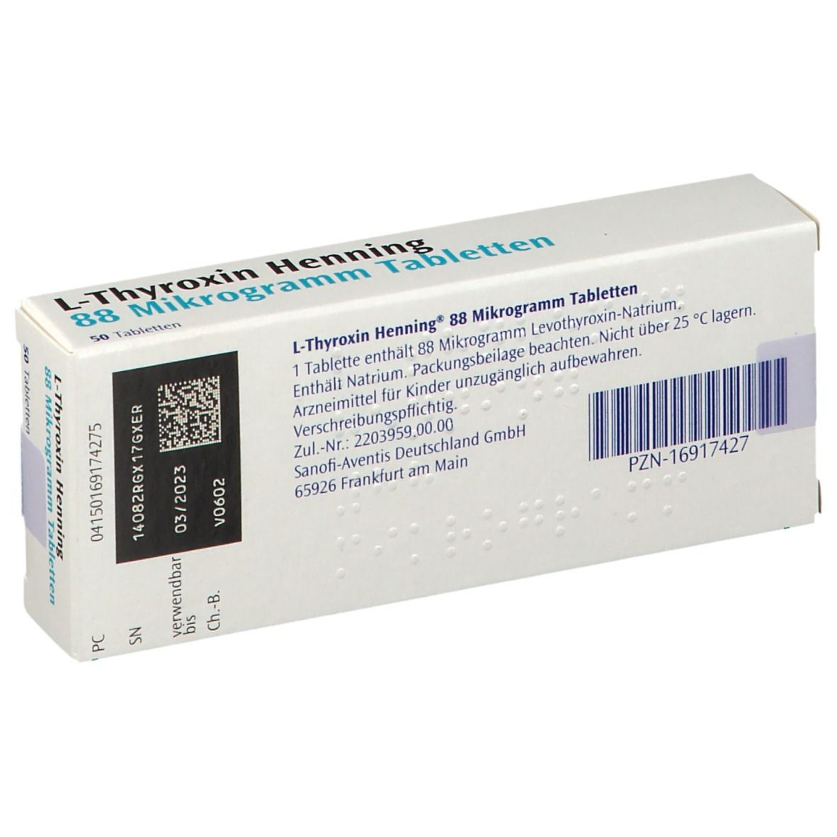 Rückseite der Schachtel L-Thyroxin Henning 88 Mikrogramm Tabletten. Text, Barcode, Verfallsdatum, Herstellerinformationen.