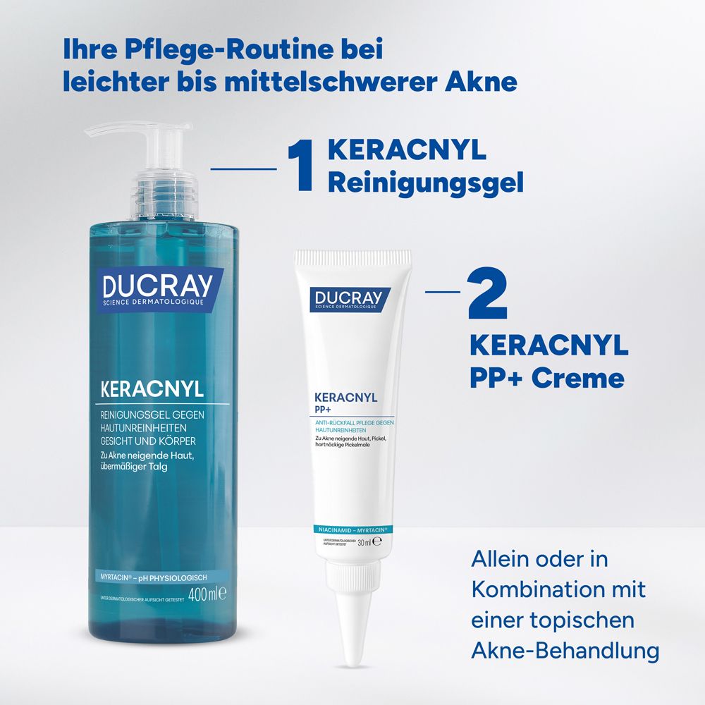 Zwei Produkte. Links: KERACNYL Reinigungsgel. Rechts: KERACNYL PP+ Creme. Text: Ihre Pflege-Routine bei leichter bis mittelschwerer Akne.