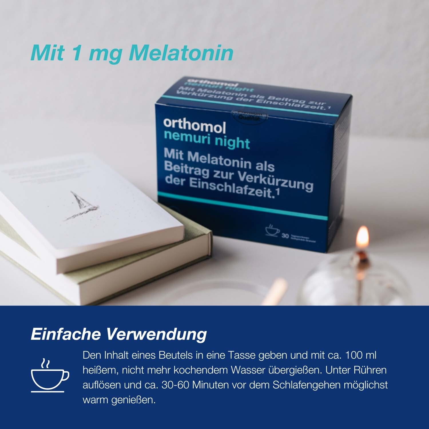 Orthomol Nemuri night - zur Verkürzung der Einschlafzeit - Heißgetränk mit Melatonin und Hopfen-Extrakt - Granulat