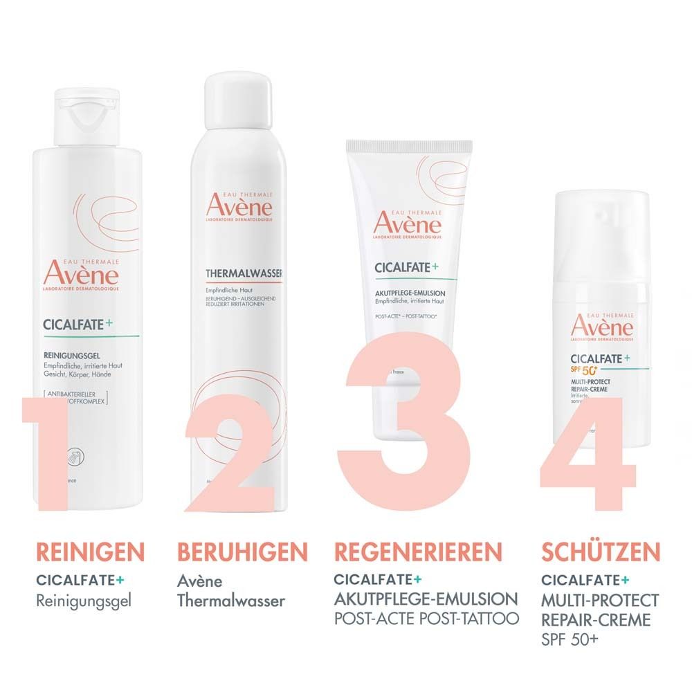 Vier Produkte: 1. Cicalfate+ Reinigungsgel. 2. Avène Thermalwasser. 3. Cicalfate+ Akutpflege-Emulsion. 4. Cicalfate+ Multi-Protect Repair-Creme SPF 50+.