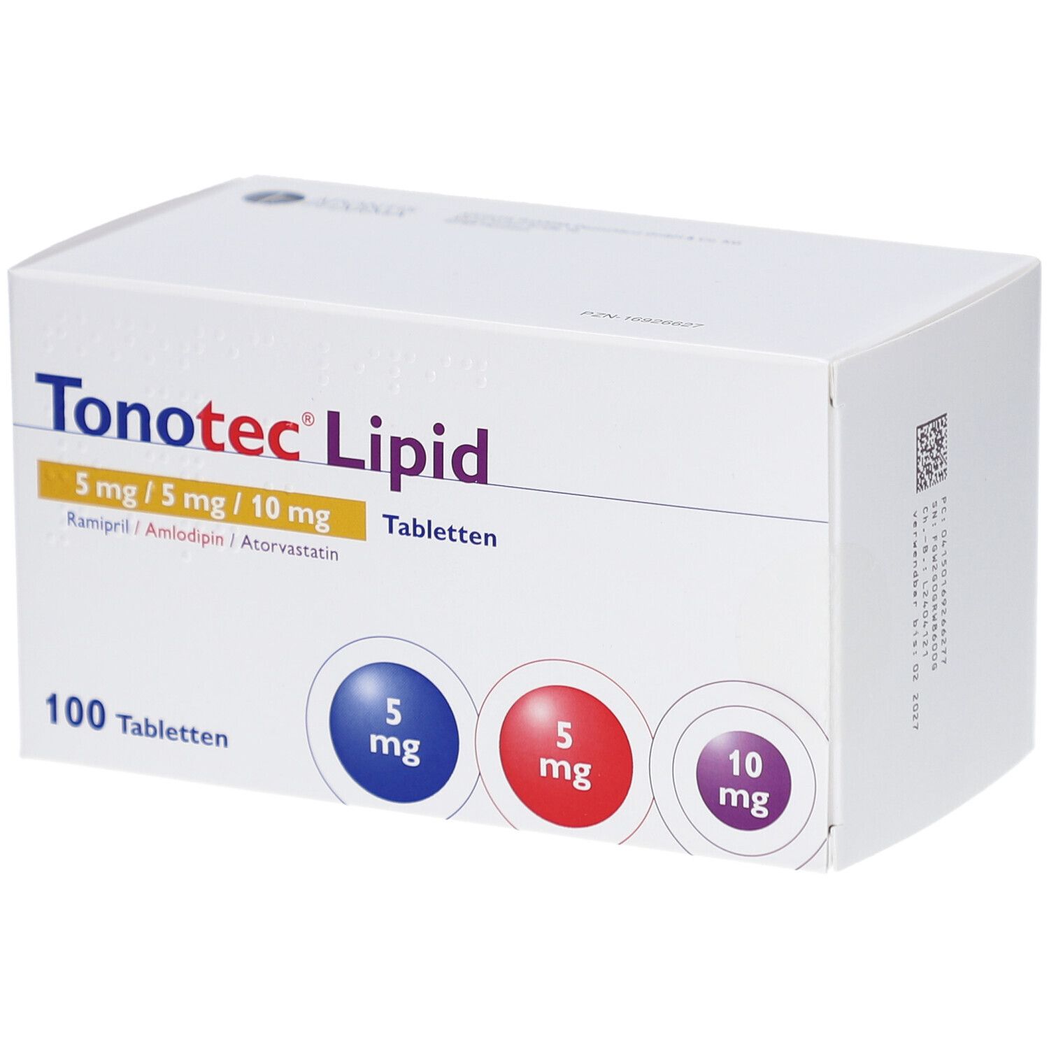 Weiße Tablettenbox mit Aufschrift Tonotec Lipid. Enthält 100 Tabletten. Dosierung: 5 mg/5 mg/10 mg. Farben: Blau, Rot, Lila.