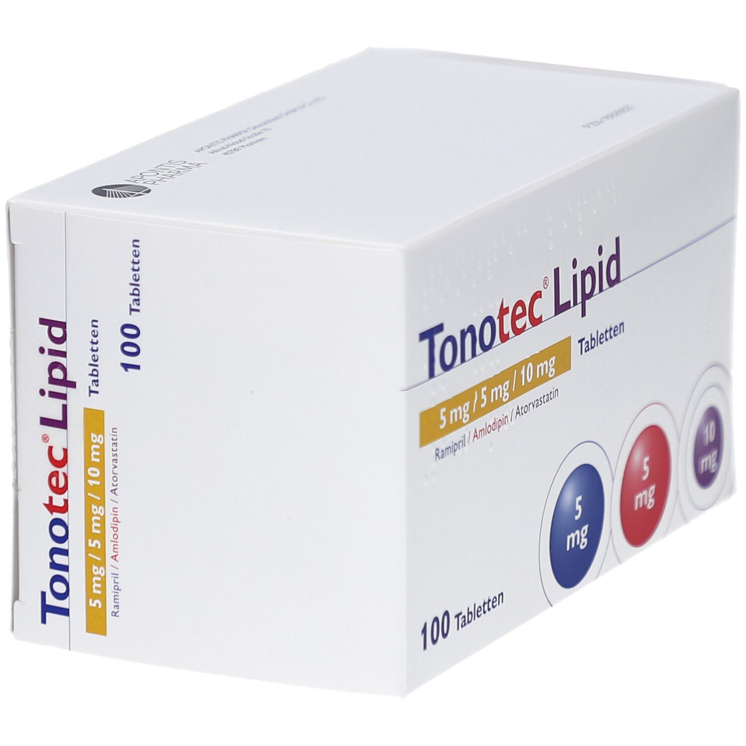 Weiße Tablettenbox mit Aufschrift Tonotec Lipid. Enthält 100 Tabletten. Dosierung: 5 mg/5 mg/10 mg. Farben: Blau, Rot, Lila.