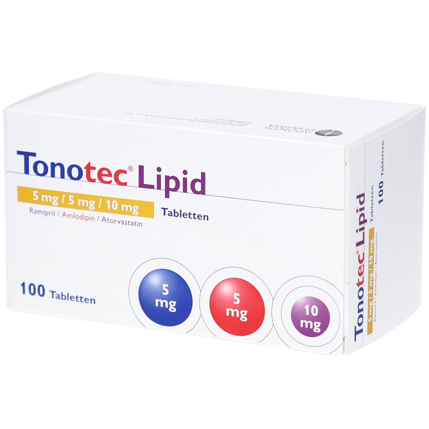 Weiße Tablettenbox mit Aufschrift Tonotec Lipid. Enthält 100 Tabletten. Dosierung: 5 mg/5 mg/10 mg. Farben: Blau, Rot, Lila.