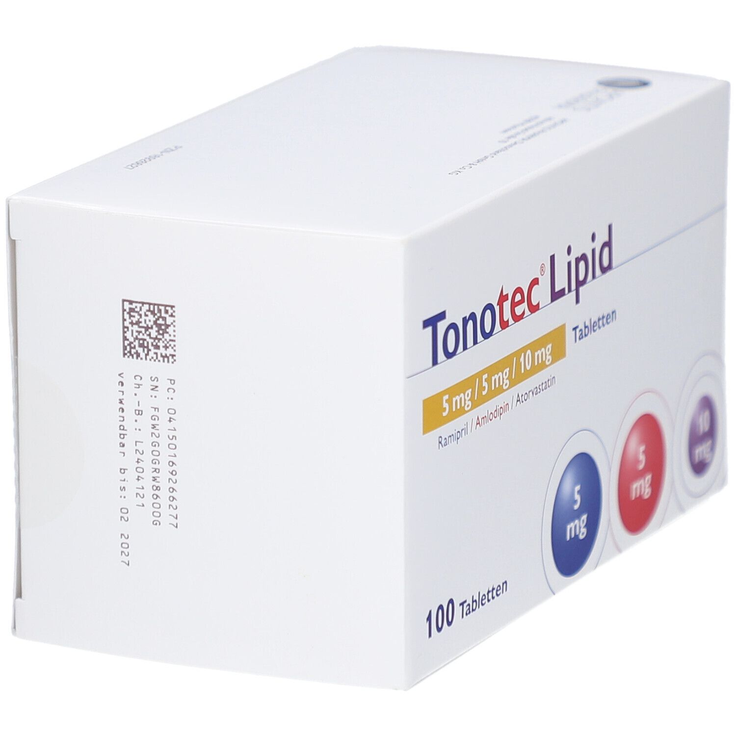 Weiße Tablettenbox mit Aufschrift Tonotec Lipid. Enthält 100 Tabletten. Dosierung: 5 mg/5 mg/10 mg. Farben: Blau, Rot, Lila.