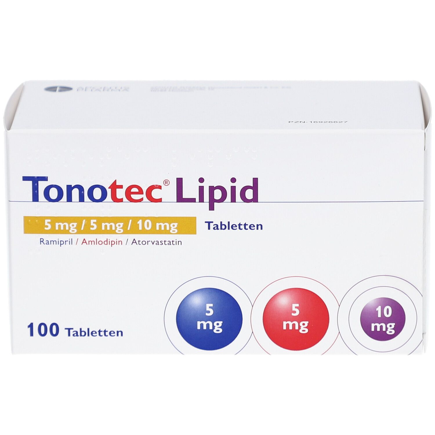 Weiße Tablettenbox mit Aufschrift Tonotec Lipid. Enthält 100 Tabletten. Dosierung: 5 mg/5 mg/10 mg. Farben: Blau, Rot, Lila.