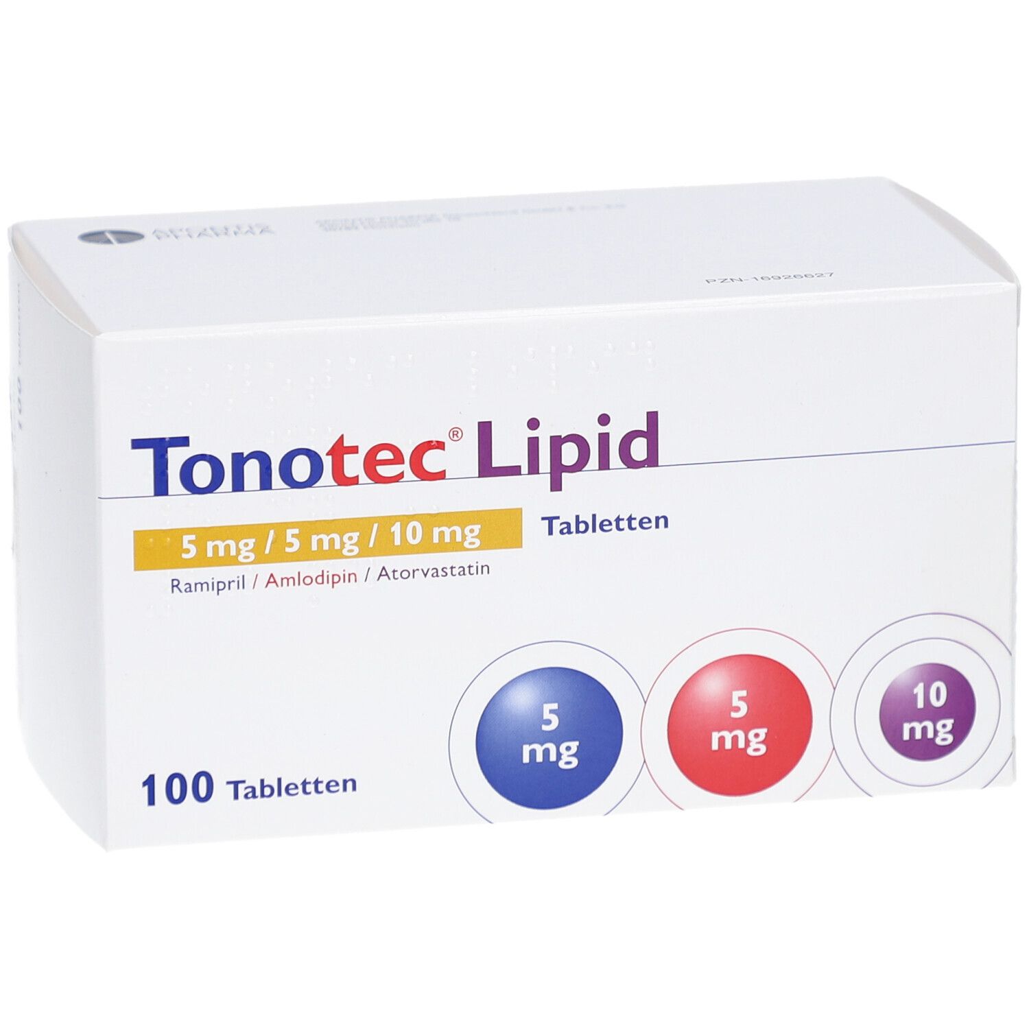 Weiße Tablettenbox mit Aufschrift Tonotec Lipid. Enthält 100 Tabletten. Dosierung: 5 mg/5 mg/10 mg. Farben: Blau, Rot, Lila.