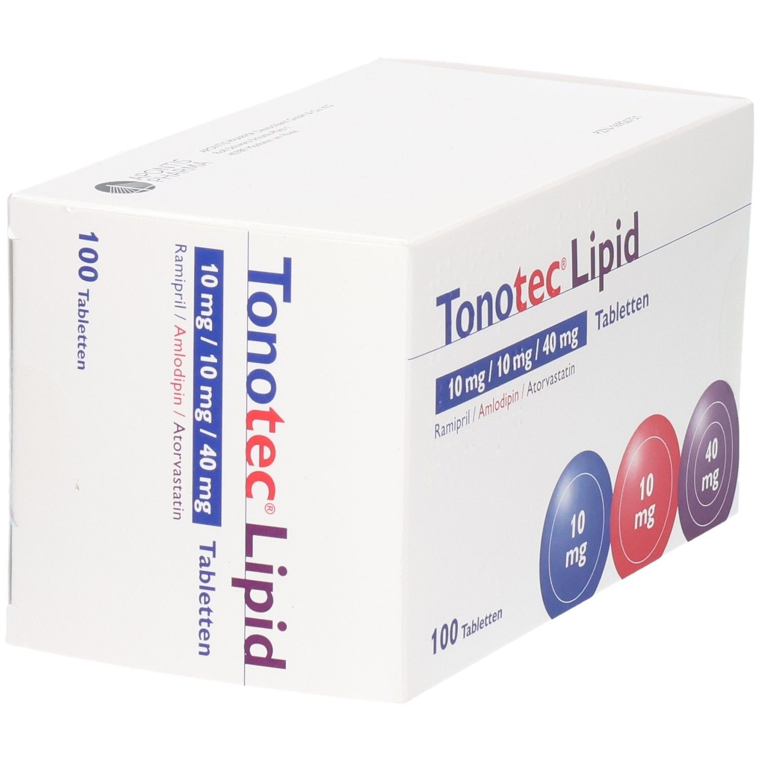 Weiße Tablettenbox mit Produktnamen Tonotec Lipid und Dosierungsangaben. 100 Tabletten. Blaue, rote und violette Kreise.