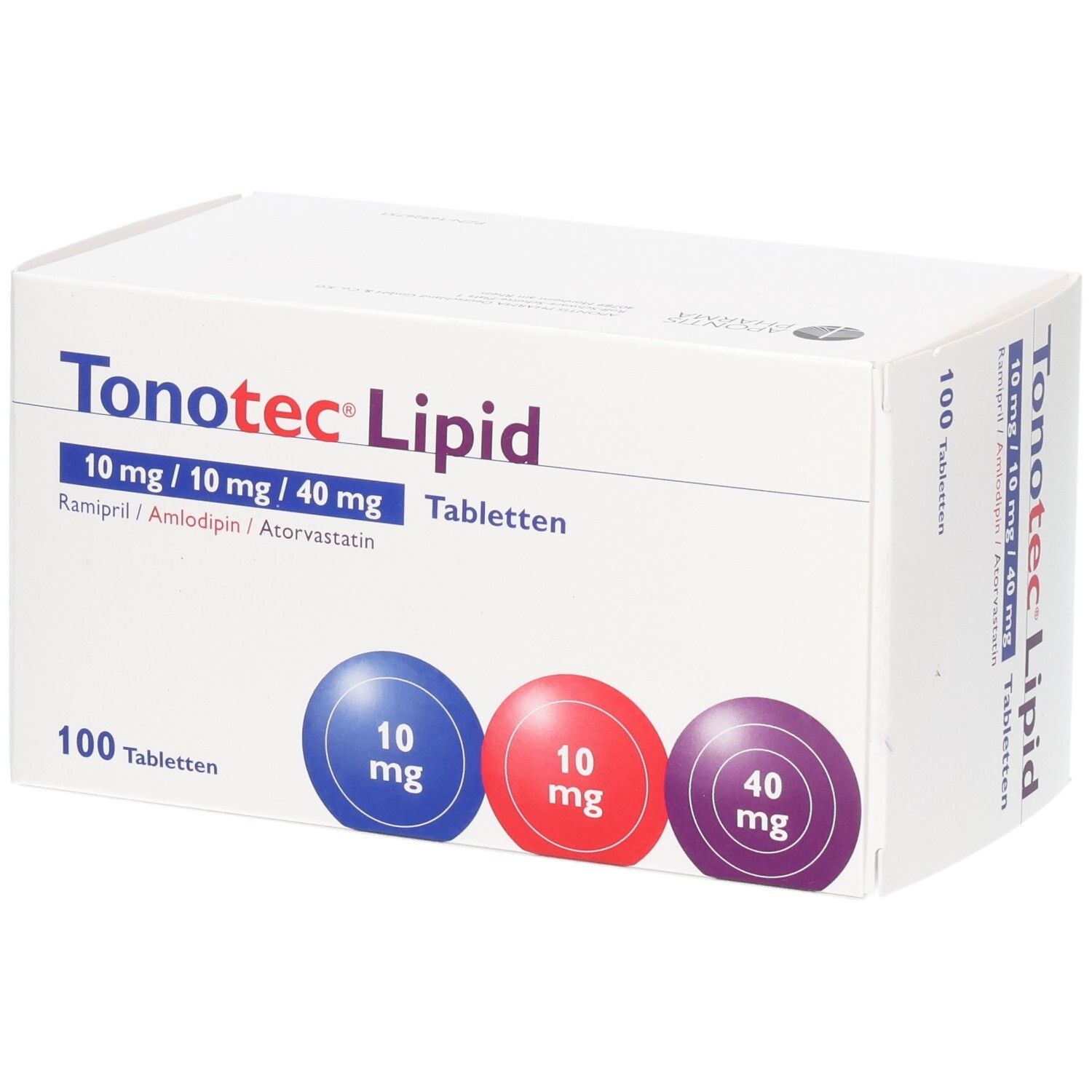 Weiße Tablettenbox mit Produktnamen Tonotec Lipid und Dosierungsangaben. 100 Tabletten. Blaue, rote und violette Kreise.