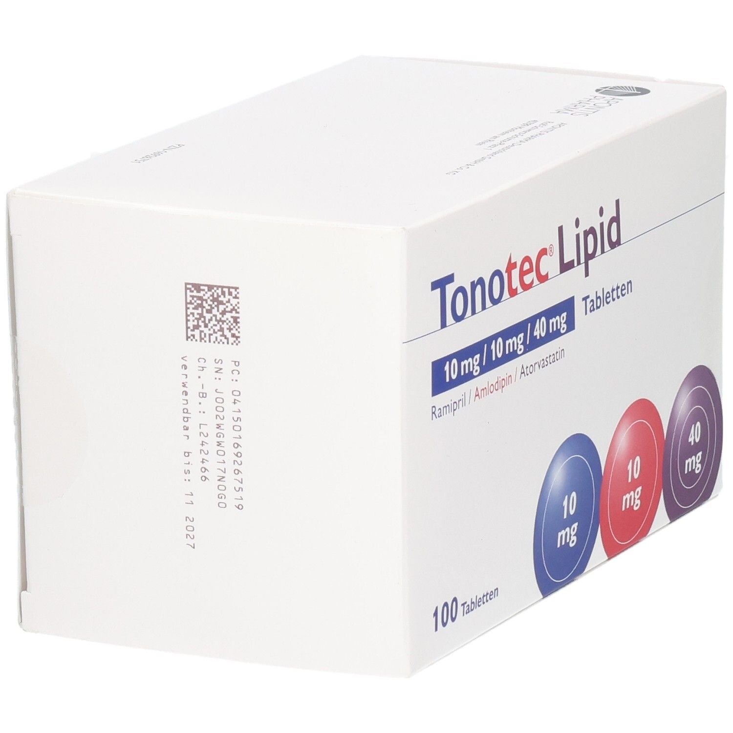 Weiße Tablettenbox mit Produktnamen Tonotec Lipid und Dosierungsangaben. 100 Tabletten. Blaue, rote und violette Kreise.