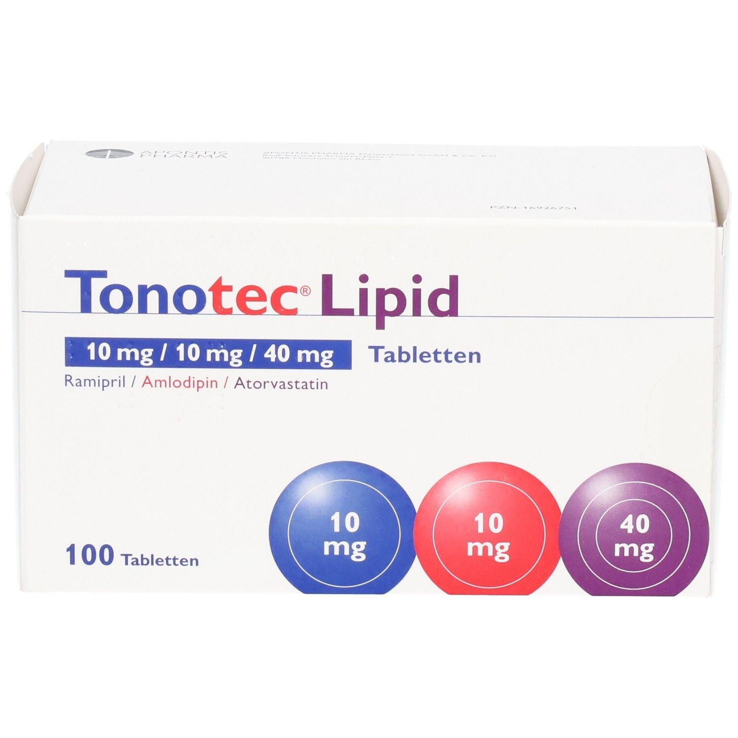 Weiße Tablettenbox mit Produktnamen Tonotec Lipid und Dosierungsangaben. 100 Tabletten. Blaue, rote und violette Kreise.