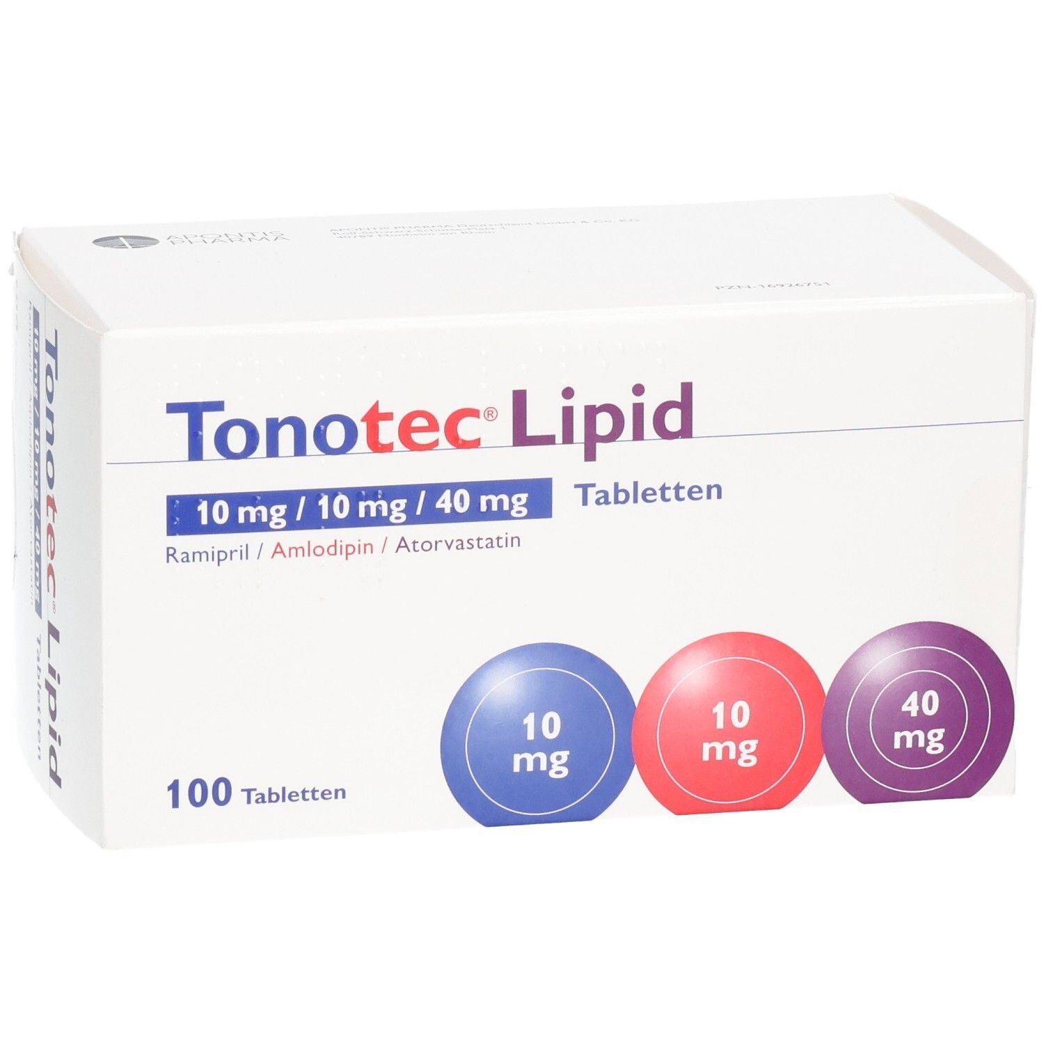 Weiße Tablettenbox mit Produktnamen Tonotec Lipid und Dosierungsangaben. 100 Tabletten. Blaue, rote und violette Kreise.