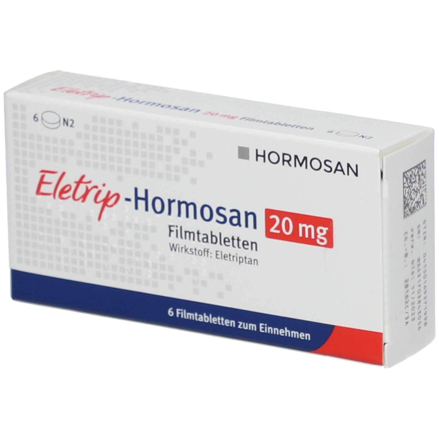 Schachtel ELETRIP-Hormosan 20 mg Filmtabletten. 6 Tabletten. Hormosan-Logo. Rote und blaue Akzente. Text in Deutsch.