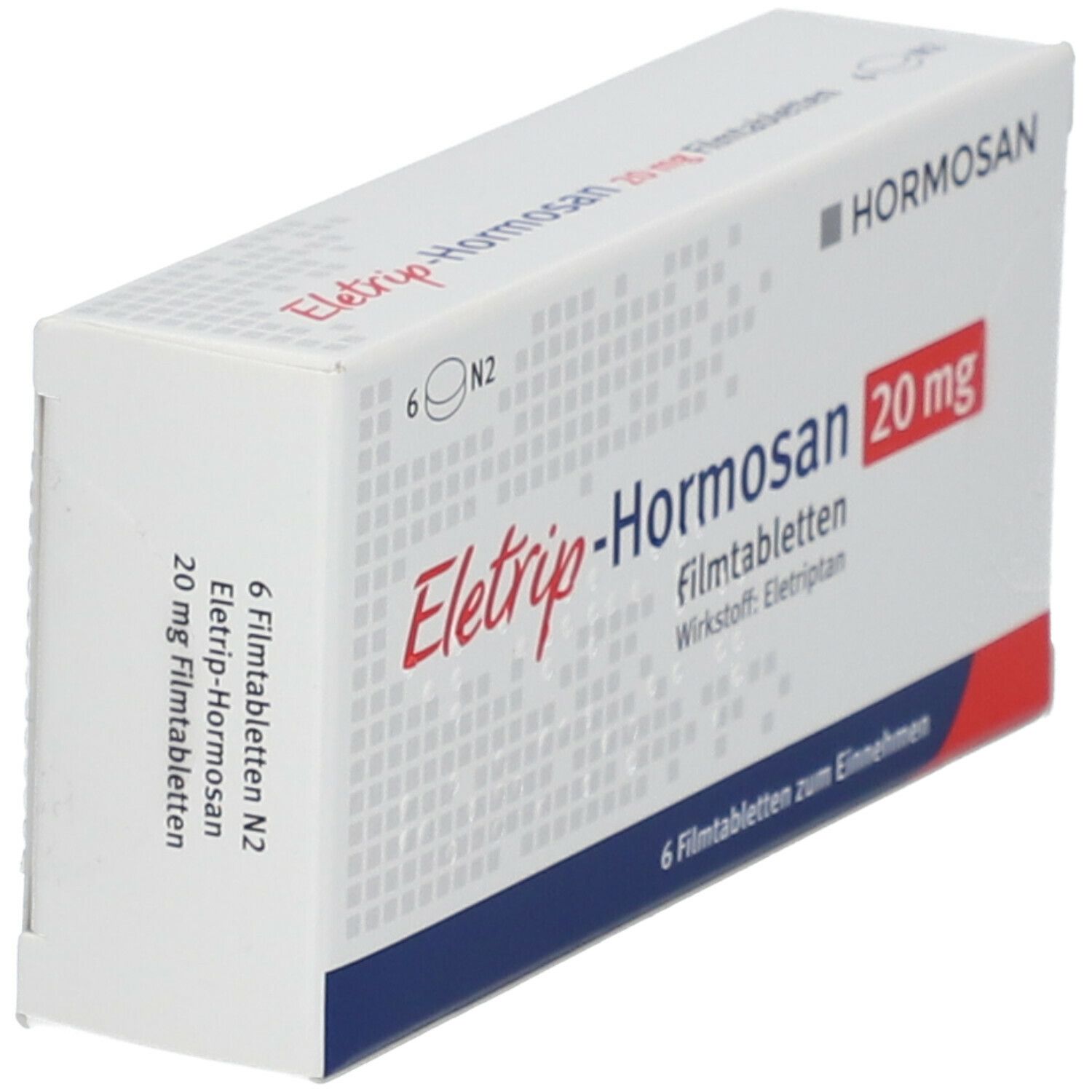 Schachtel ELETRIP-Hormosan 20 mg Filmtabletten. 6 Tabletten. Hormosan-Logo. Rote und blaue Akzente. Text in Deutsch.