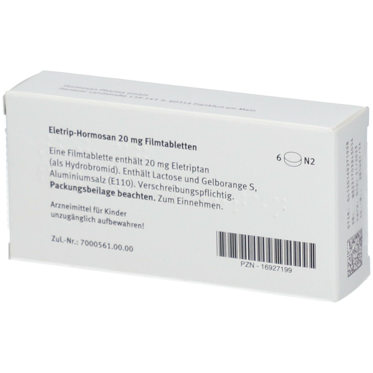 Rückseite der Schachtel ELETRIP-Hormosan 20 mg Filmtabletten. Text in Deutsch. Enthält Informationen zu Inhaltsstoffen und Dosierung.