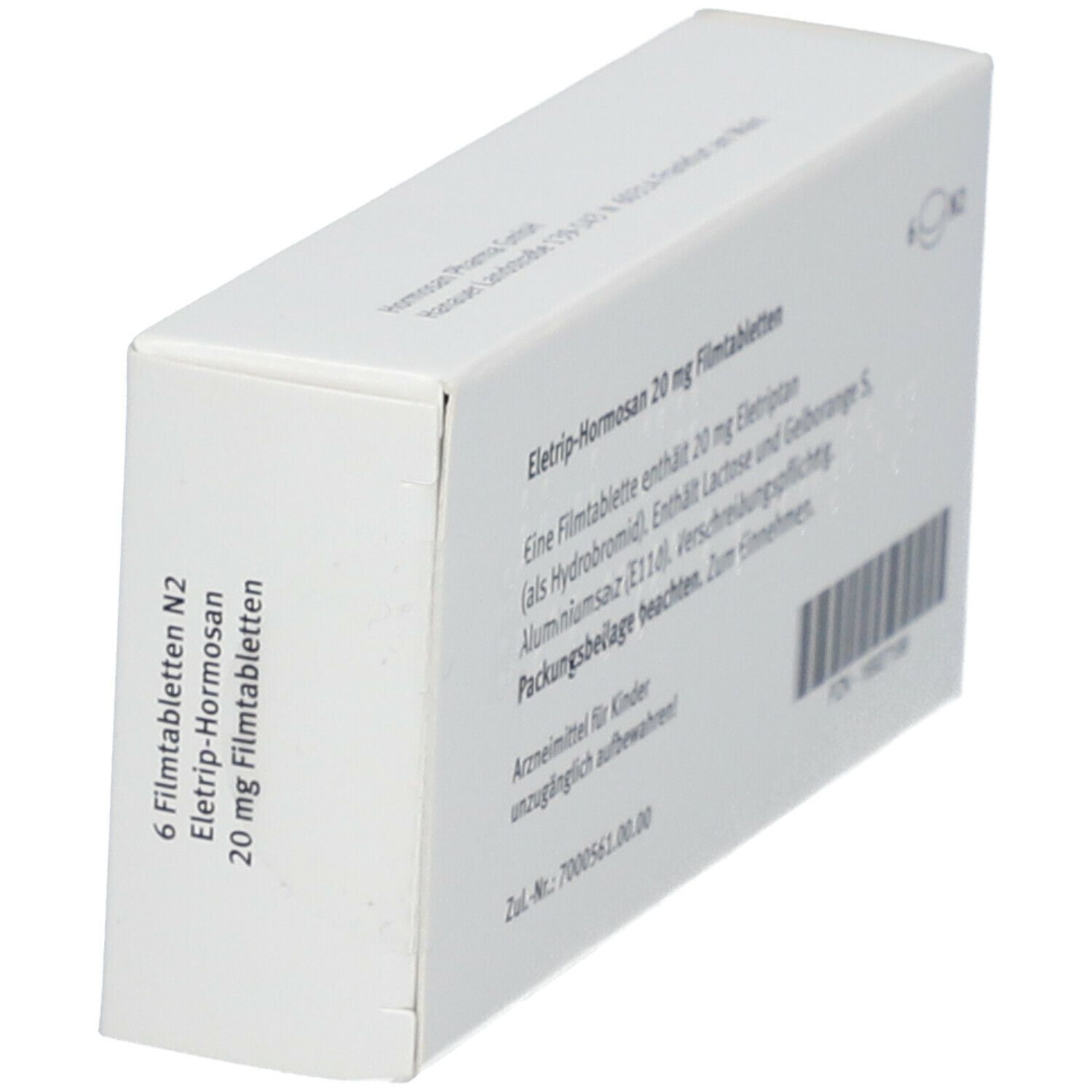 Rückseite der Schachtel ELETRIP-Hormosan 20 mg Filmtabletten. Text in Deutsch. Enthält Informationen zu Inhaltsstoffen und Dosierung.