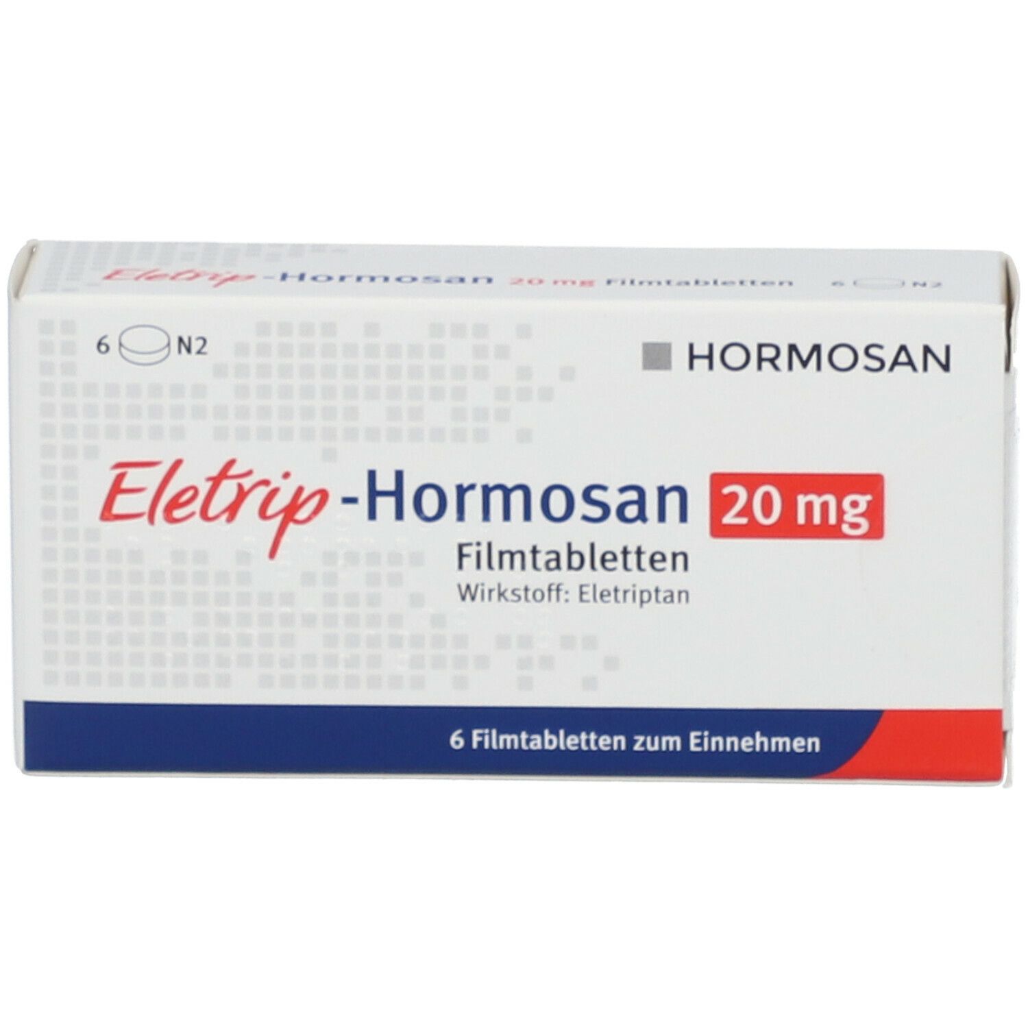 Schachtel ELETRIP-Hormosan 20 mg Filmtabletten. 6 Tabletten. Hormosan-Logo. Rote und blaue Akzente. Text in Deutsch.