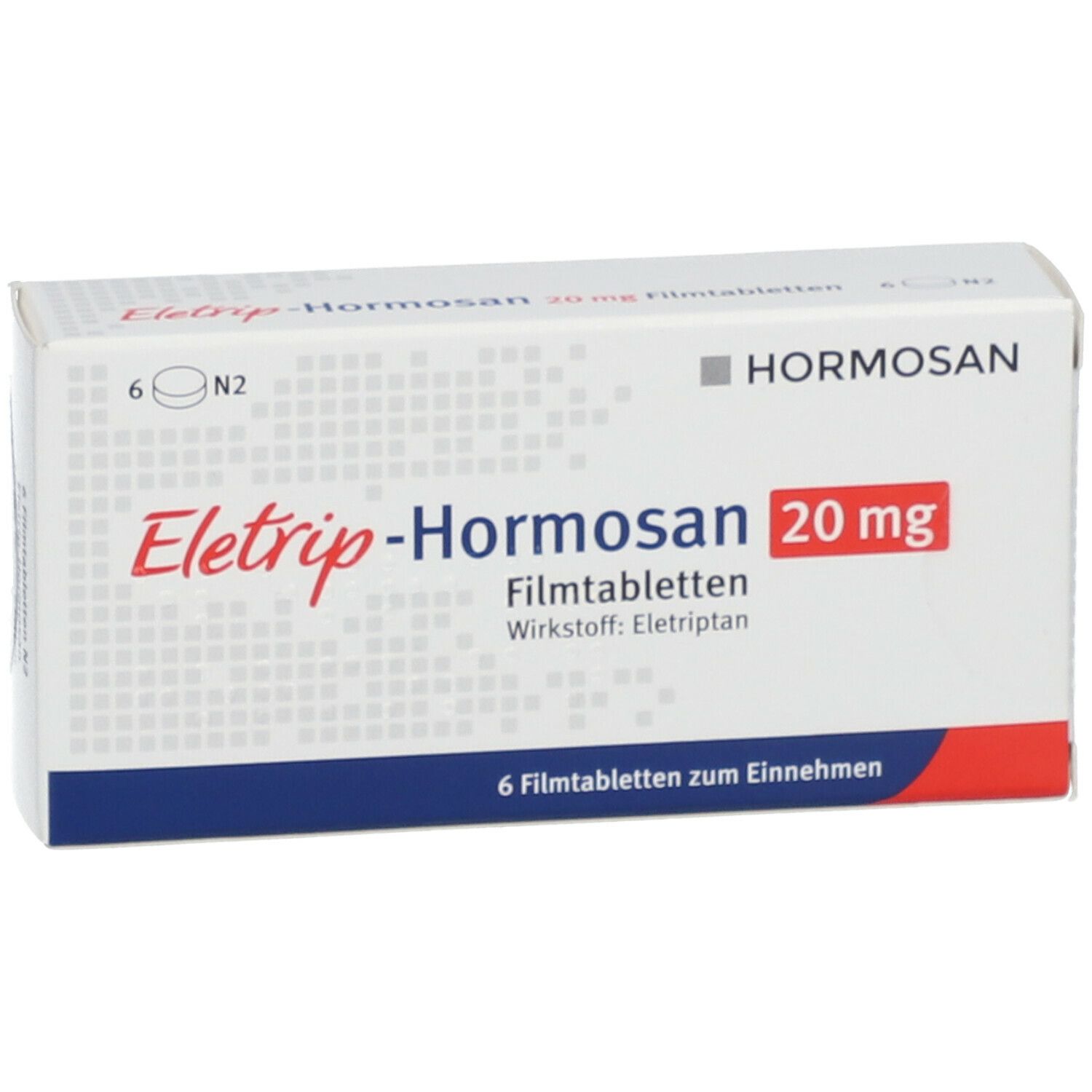 Schachtel ELETRIP-Hormosan 20 mg Filmtabletten. 6 Tabletten. Hormosan-Logo. Rote und blaue Akzente. Text in Deutsch.