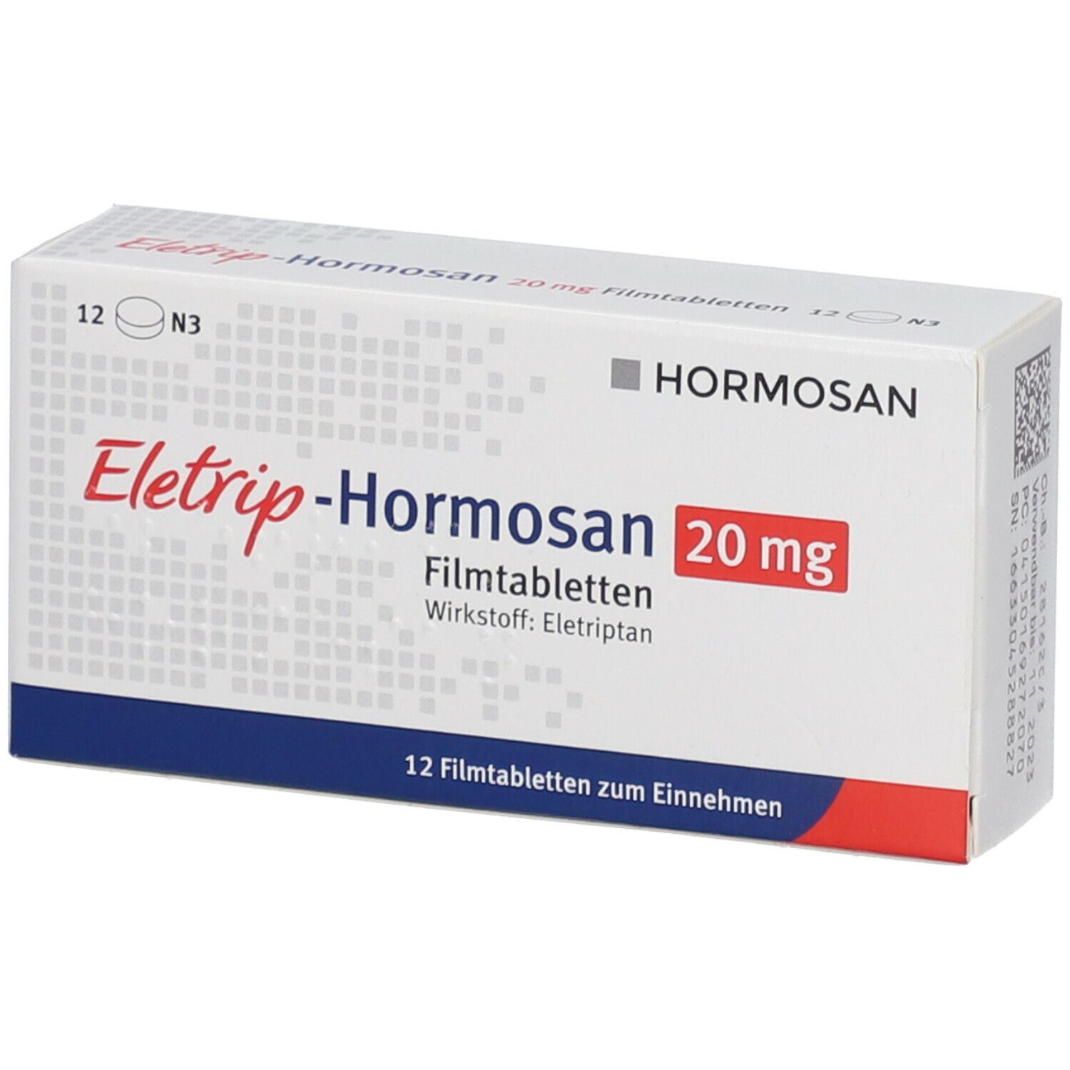 Schachtel mit ELETRIP-Hormosan 20 mg Filmtabletten. 12 Tabletten. Hormosan-Logo. Rote und blaue Akzente.