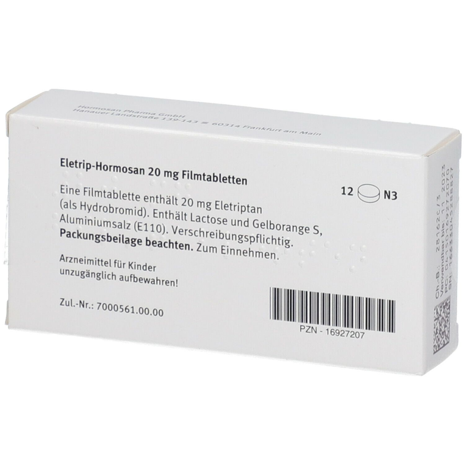 Rückseite der Schachtel ELETRIP-Hormosan 20 mg Filmtabletten. Textinformationen, Barcode, PZN-Nummer.