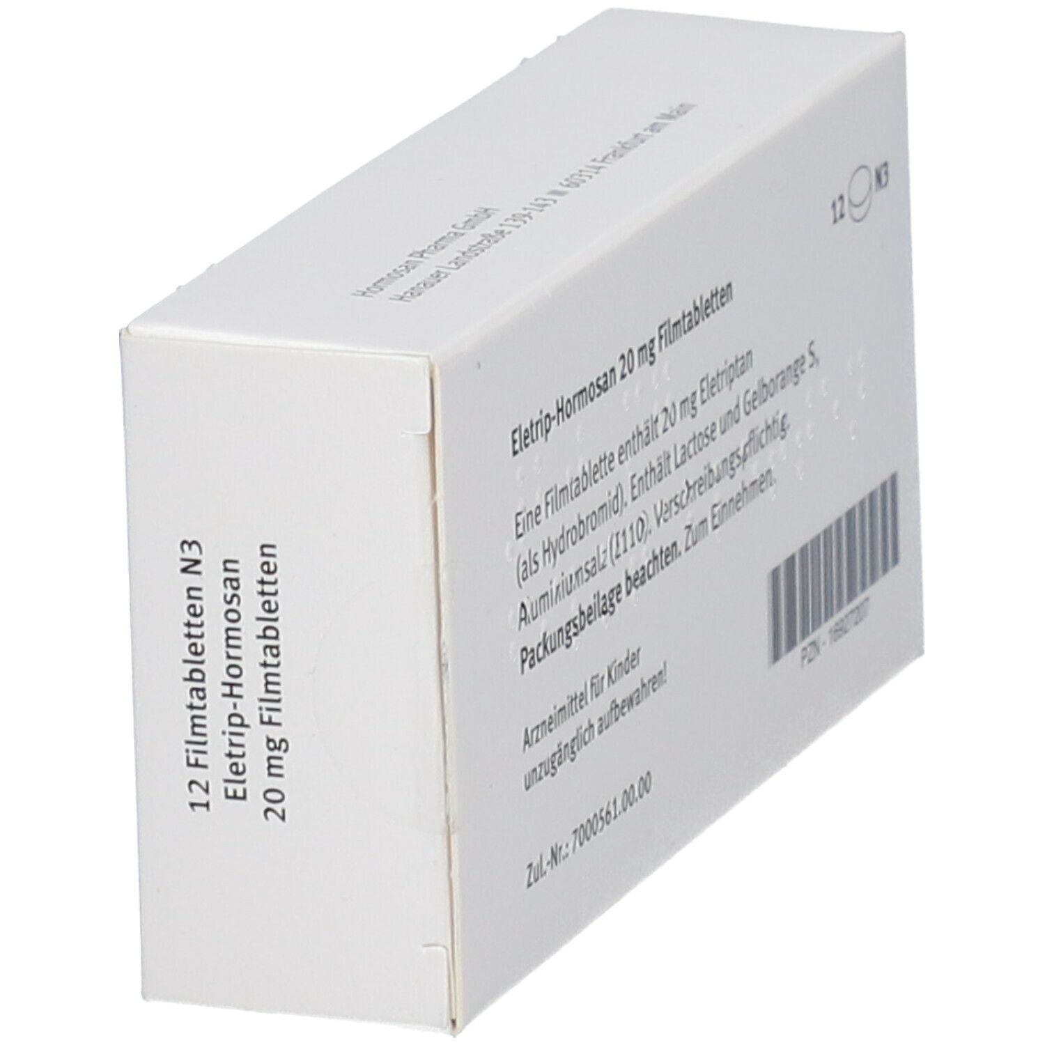 Rückseite der Schachtel ELETRIP-Hormosan 20 mg Filmtabletten. Seitenansicht. Textinformationen, Barcode.