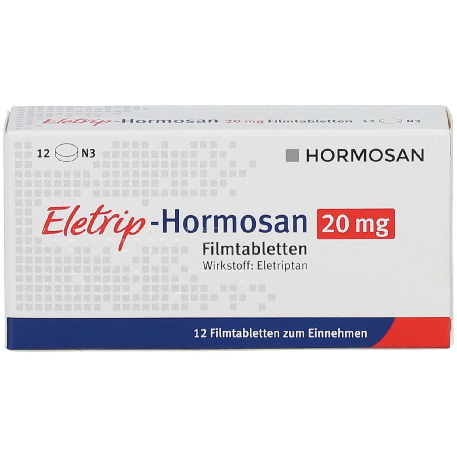 Schachtel ELETRIP-Hormosan 20 mg Filmtabletten. Vorderansicht. Hormosan-Logo. Rote und blaue Akzente.