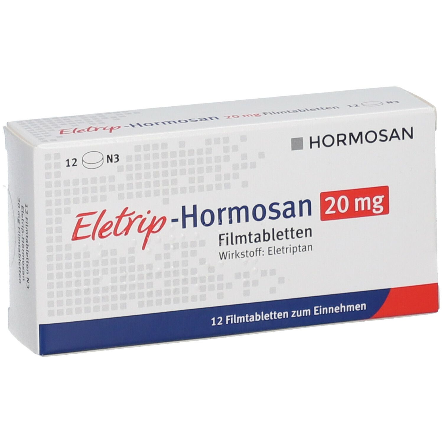 Schachtel ELETRIP-Hormosan 20 mg Filmtabletten. Perspektivische Ansicht. Hormosan-Logo. Rote und blaue Akzente.