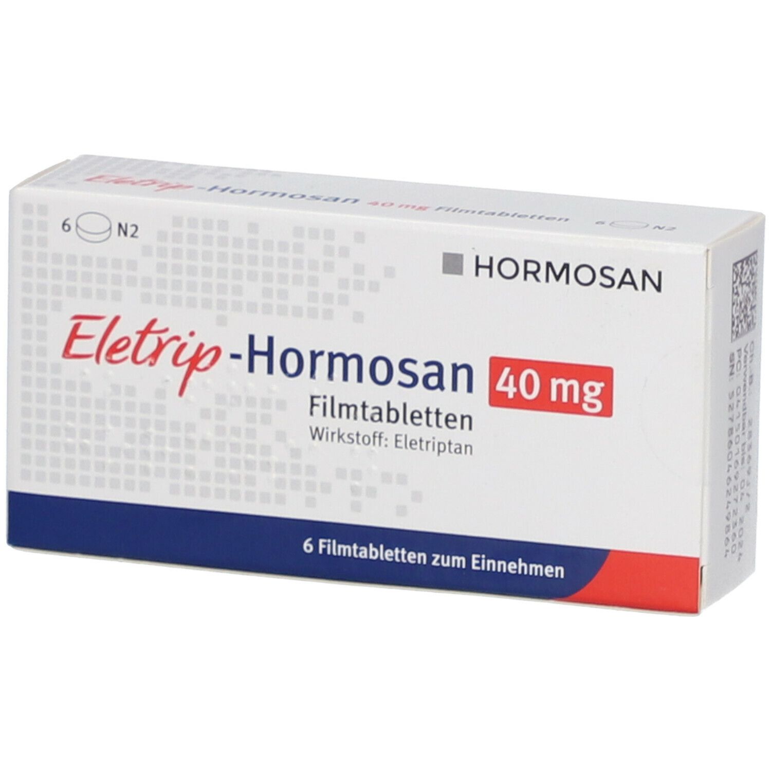 Schachtel mit ELETRIP-Hormosan 40 mg Filmtabletten. Aufschrift: Hormosan, 6 Filmtabletten. Rote Schrift: 40 mg.