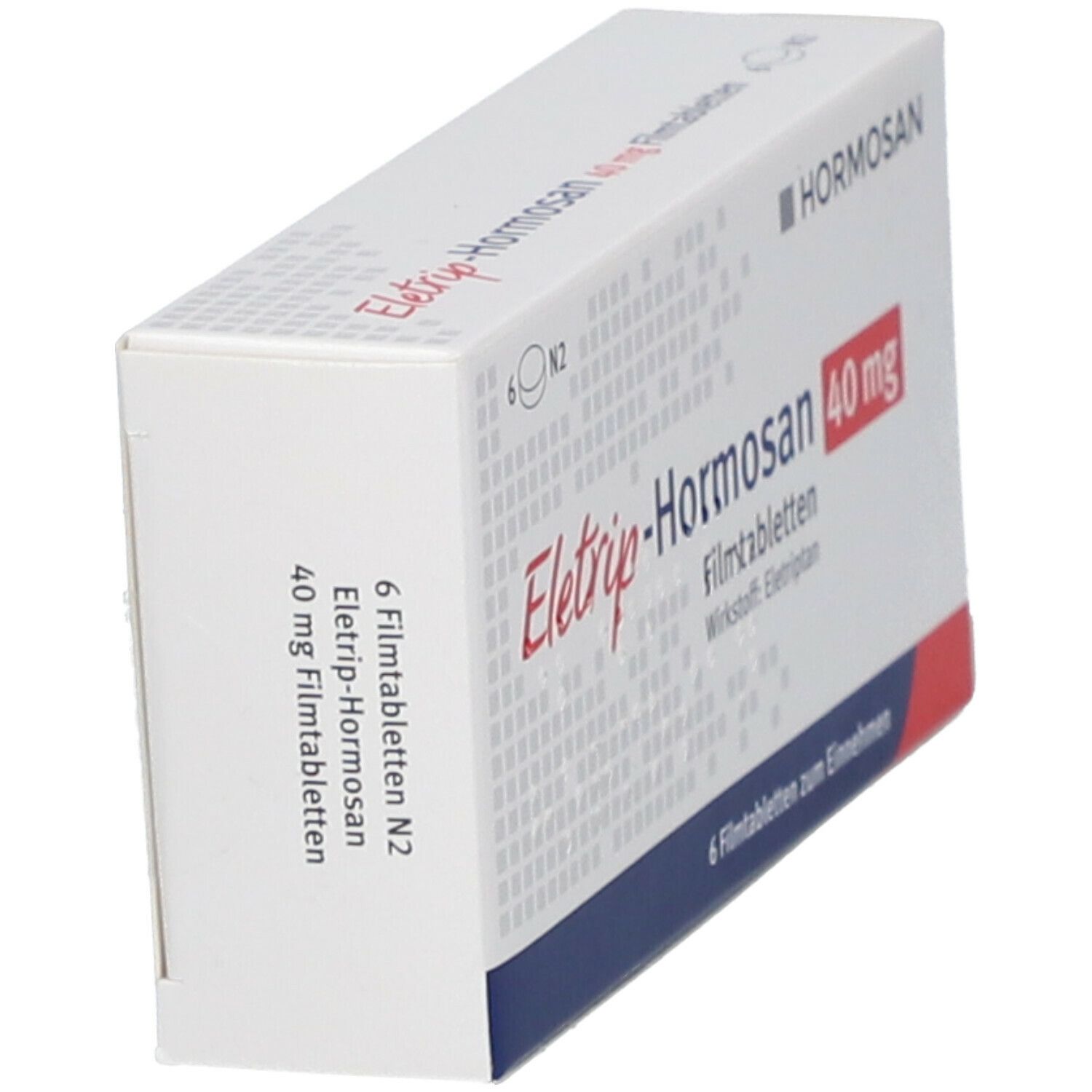 Schachtel ELETRIP-Hormosan 40 mg Filmtabletten. Aufschrift: Hormosan, 6 Filmtabletten. Rote Schrift: 40 mg. Ansicht schräg.
