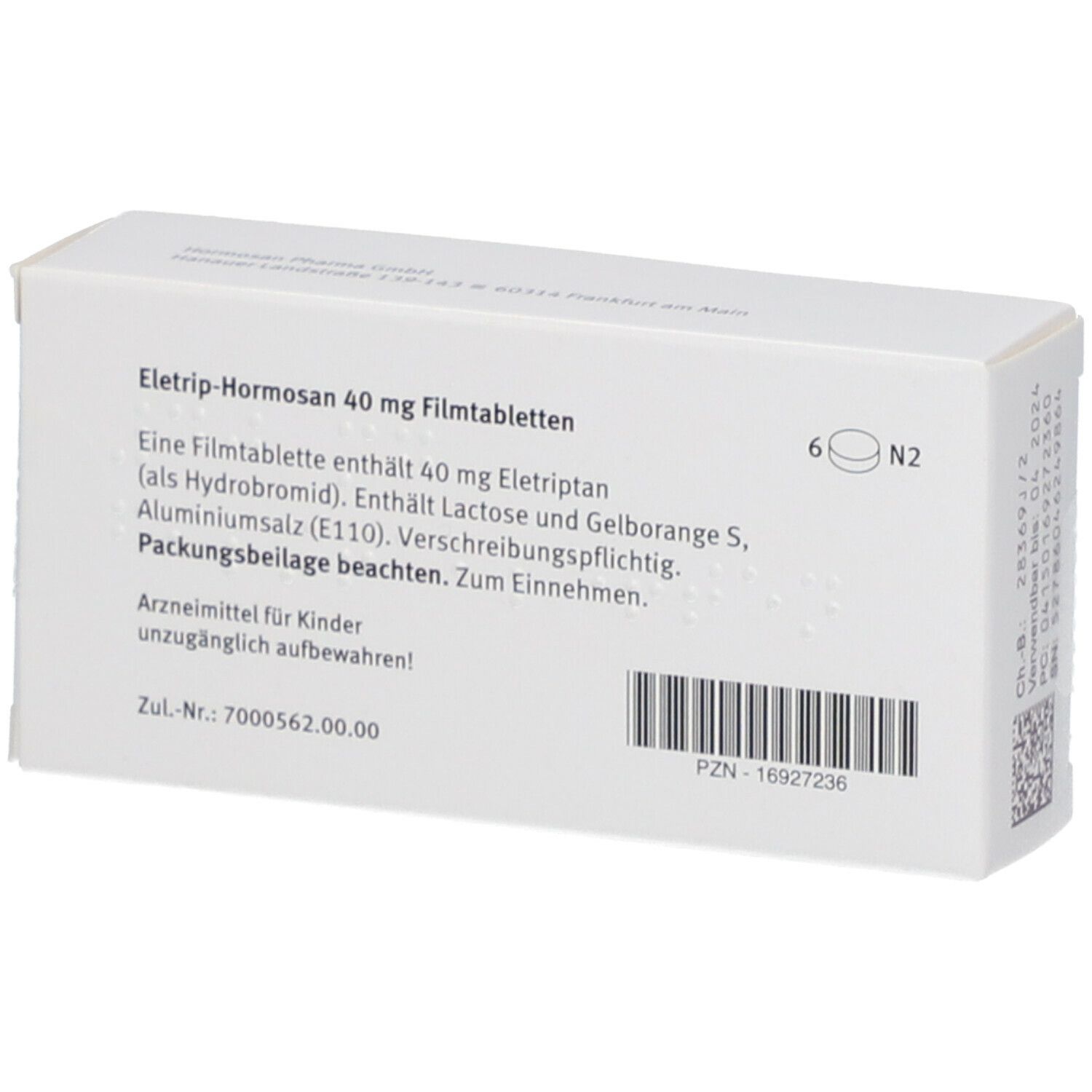 Rückseite der Schachtel ELETRIP-Hormosan 40 mg Filmtabletten. Text: 6 Tabletten, Wirkstoff, PZN-Nummer, Zul.-Nr.