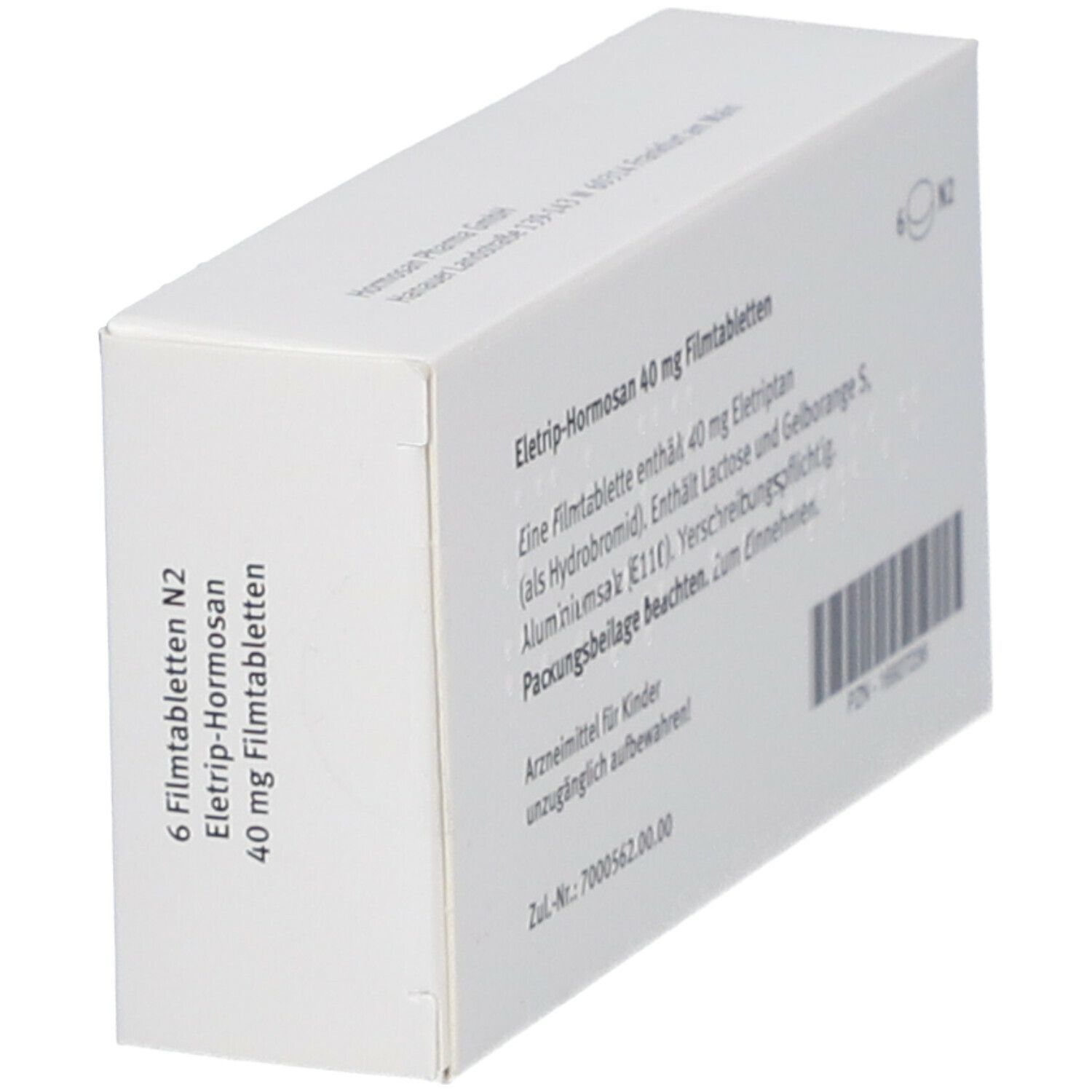 Rückseite der Schachtel ELETRIP-Hormosan 40 mg Filmtabletten. Text: 6 Tabletten, Wirkstoff, PZN-Nummer, Zul.-Nr. Schrägansicht.