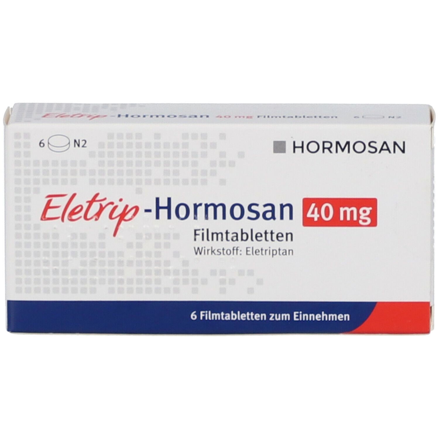 Schachtel ELETRIP-Hormosan 40 mg Filmtabletten. Aufschrift: Hormosan, 6 Tabletten. Rote Schrift: 40 mg. Blaue und rote Streifen.