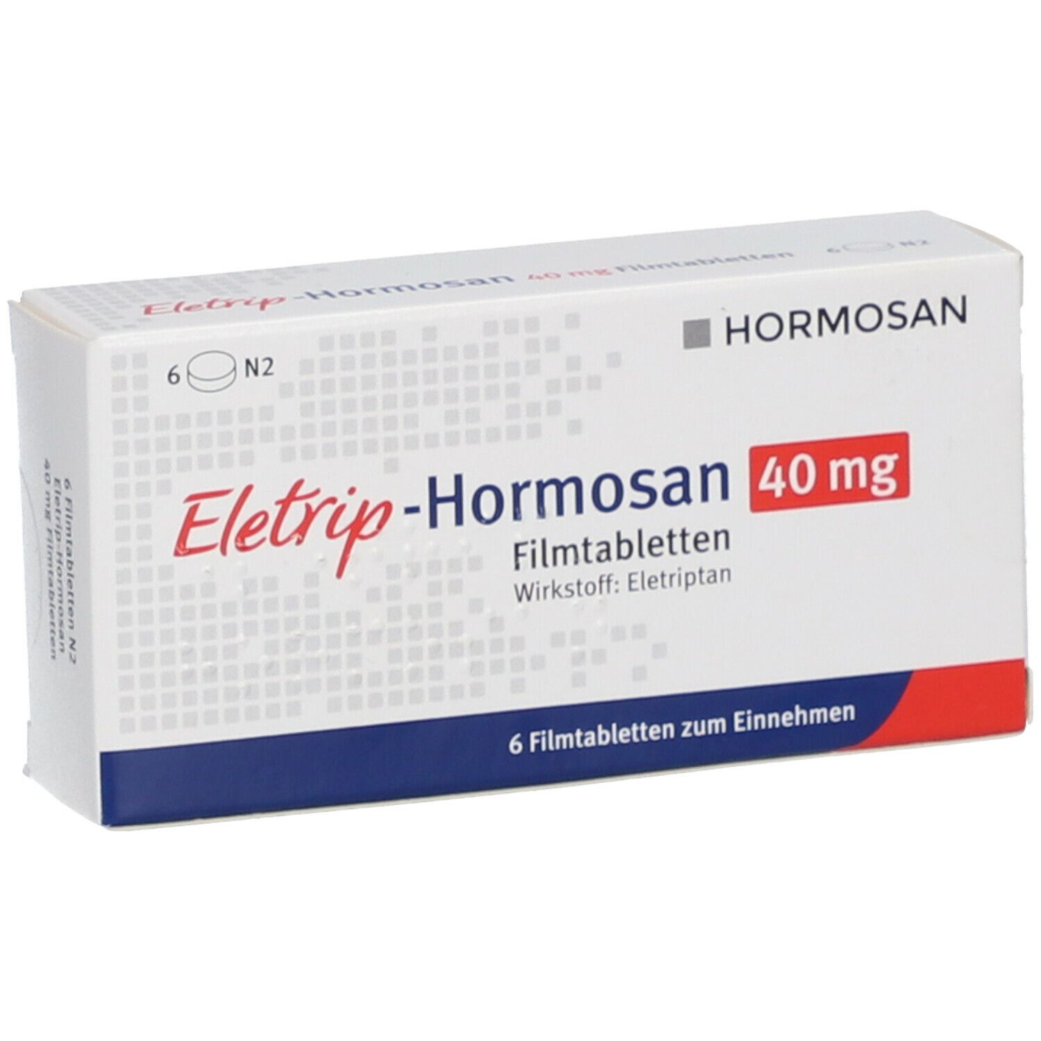 Schachtel ELETRIP-Hormosan 40 mg Filmtabletten. Aufschrift: Hormosan, 6 Tabletten. Rote Schrift: 40 mg. Blaue und rote Streifen.