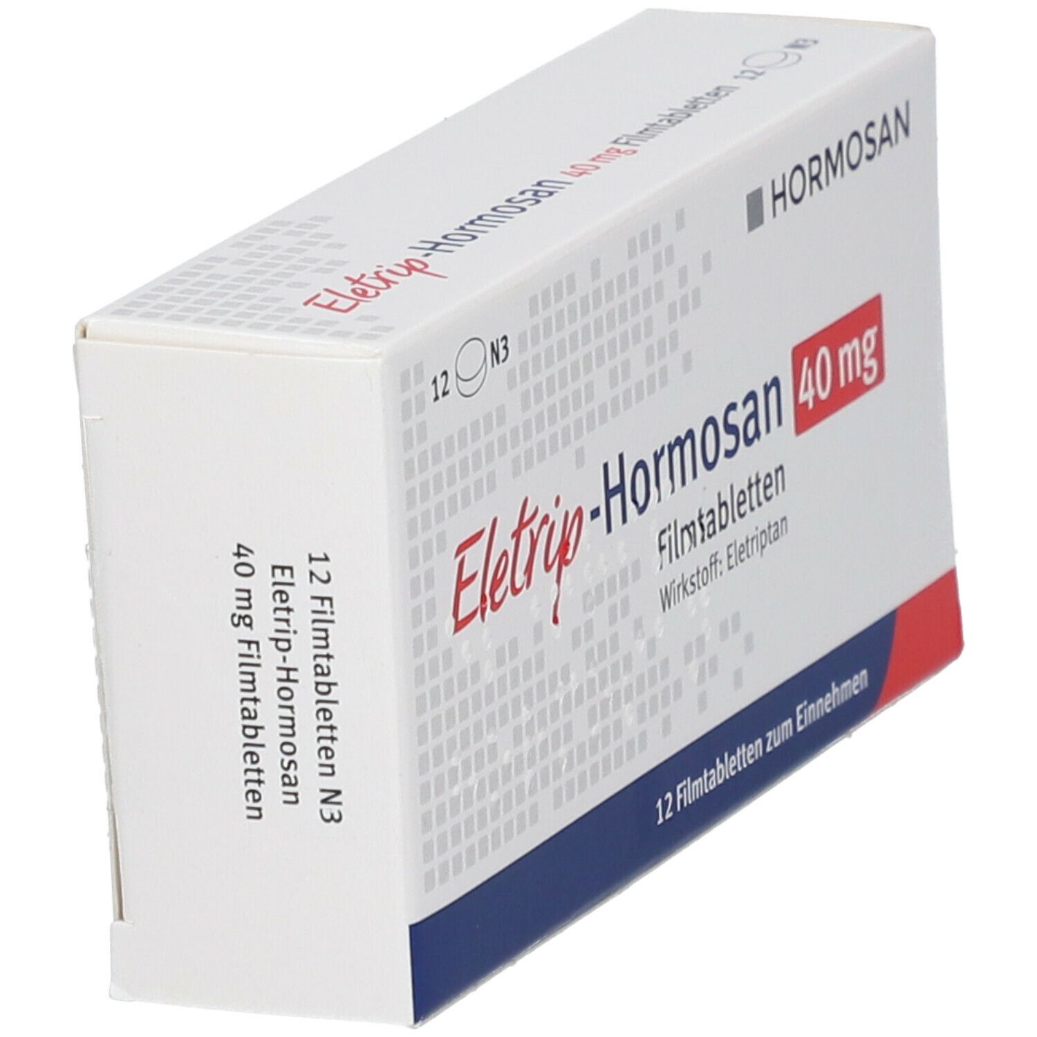 Schachtel ELETRIP-Hormosan 40 mg Filmtabletten. Weiße Schachtel mit blauen und roten Akzenten. Text: Hormosan, 12 Filmtabletten.