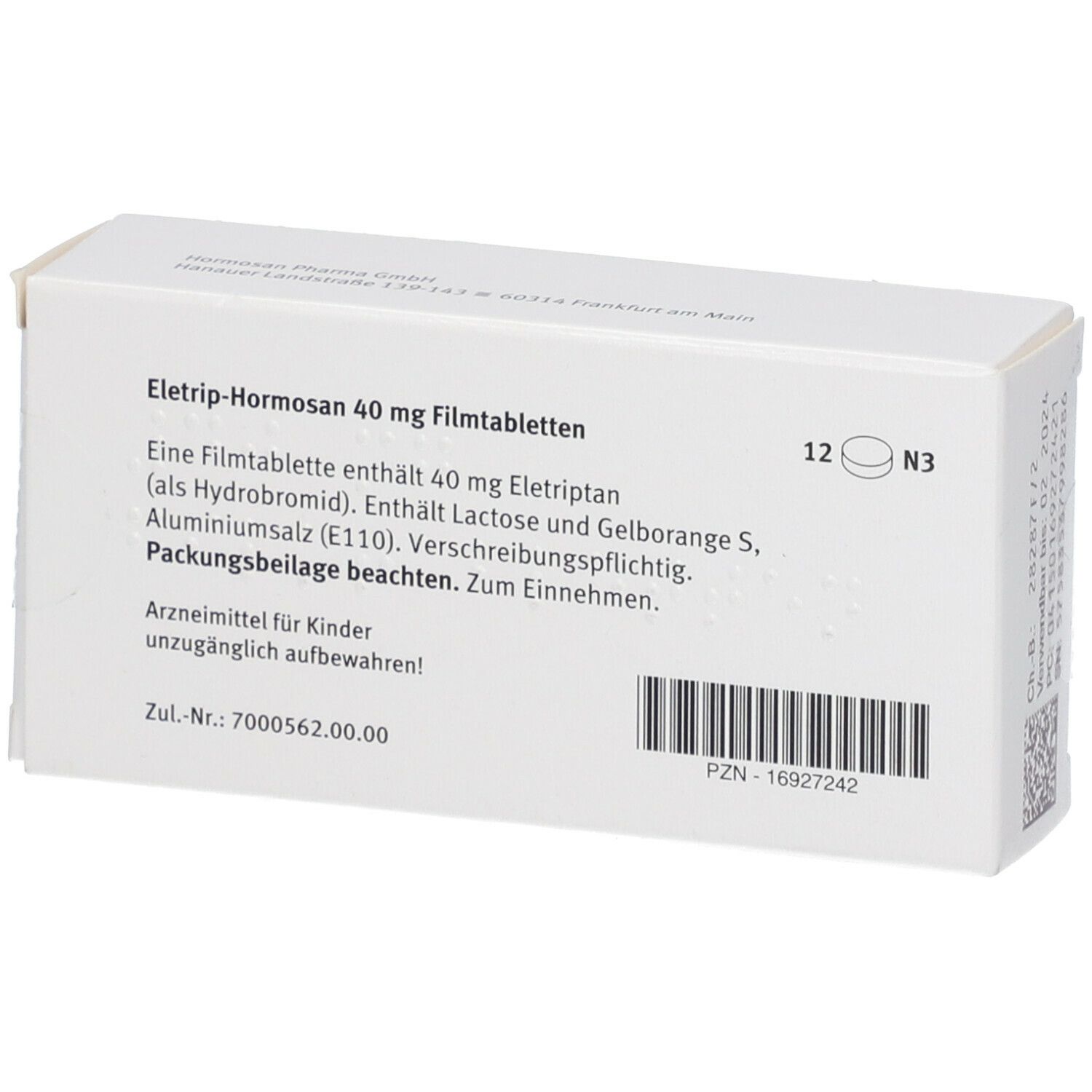 Rückseite der Schachtel ELETRIP-Hormosan 40 mg Filmtabletten. Text: Wirkstoff, Packungsbeilage beachten, PZN-16927242.