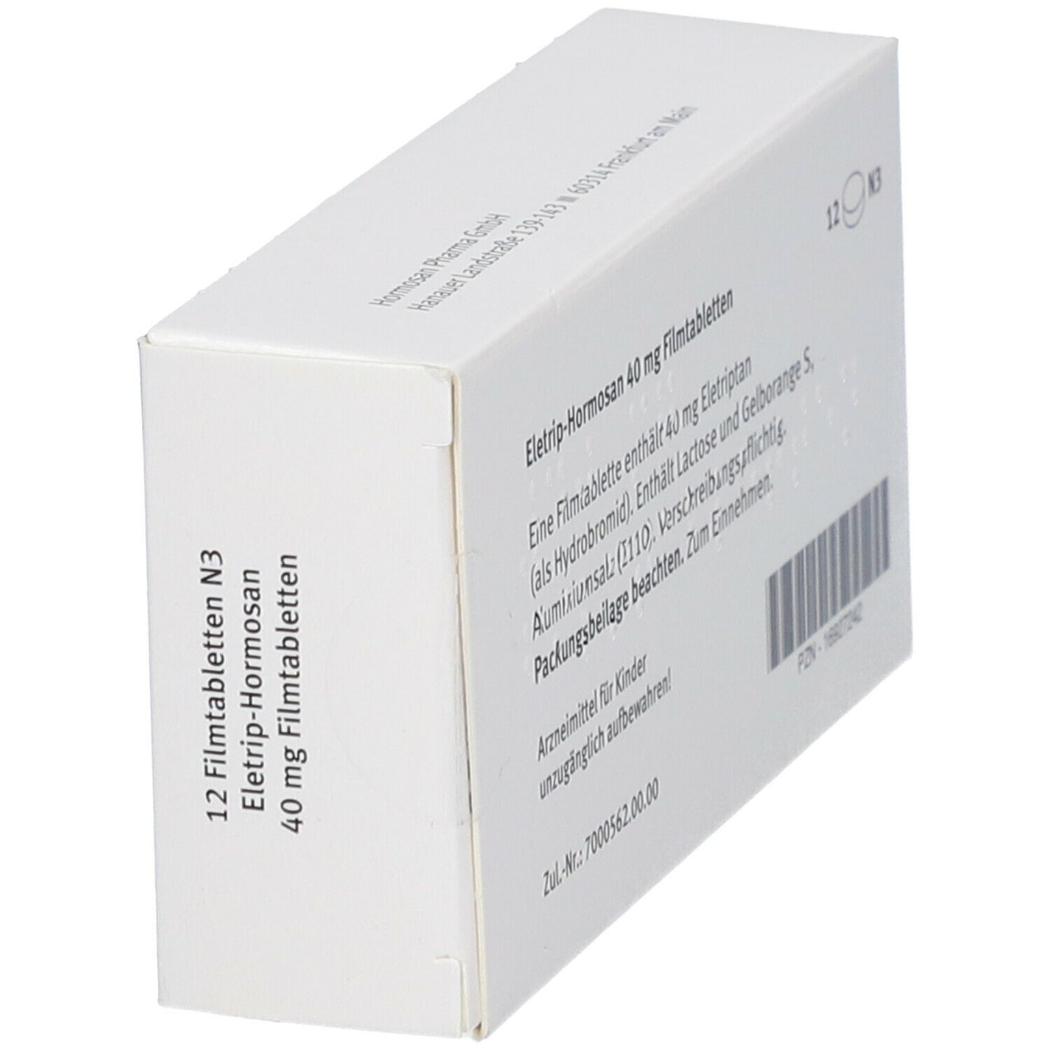 Rückseite der Schachtel ELETRIP-Hormosan 40 mg Filmtabletten. Text: Wirkstoff, Packungsbeilage beachten, PZN-16927242.