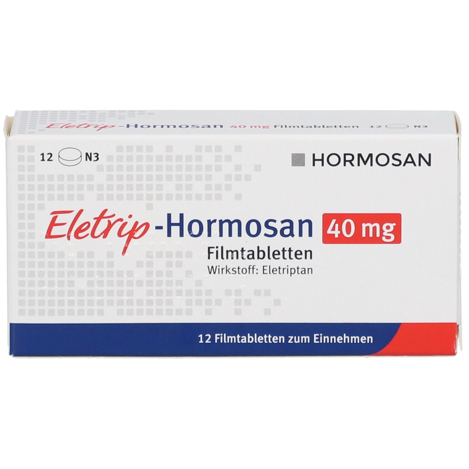 Schachtel ELETRIP-Hormosan 40 mg Filmtabletten. Weiße Schachtel mit blauen und roten Akzenten. Text: Hormosan, 12 Filmtabletten.