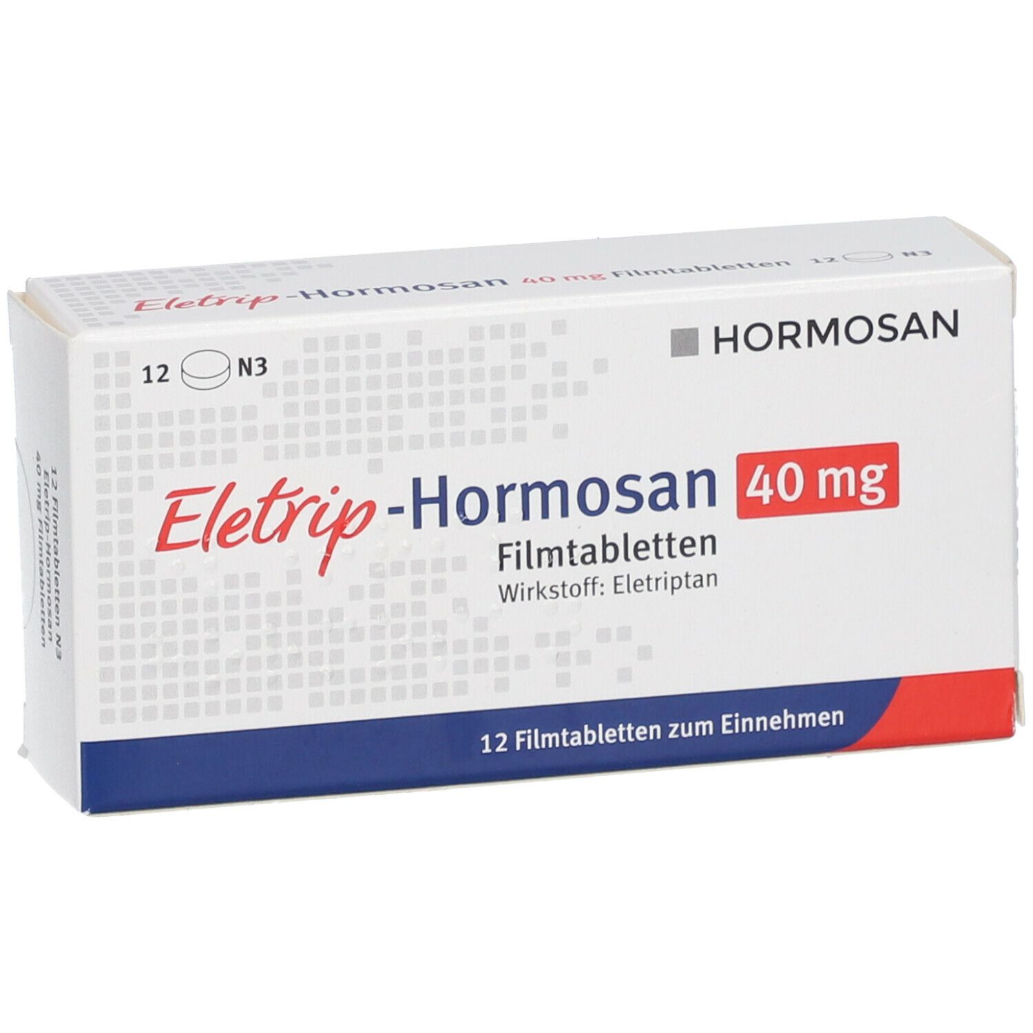 Schachtel ELETRIP-Hormosan 40 mg Filmtabletten. Weiße Schachtel mit blauen und roten Akzenten. Text: Hormosan, 12 Filmtabletten.